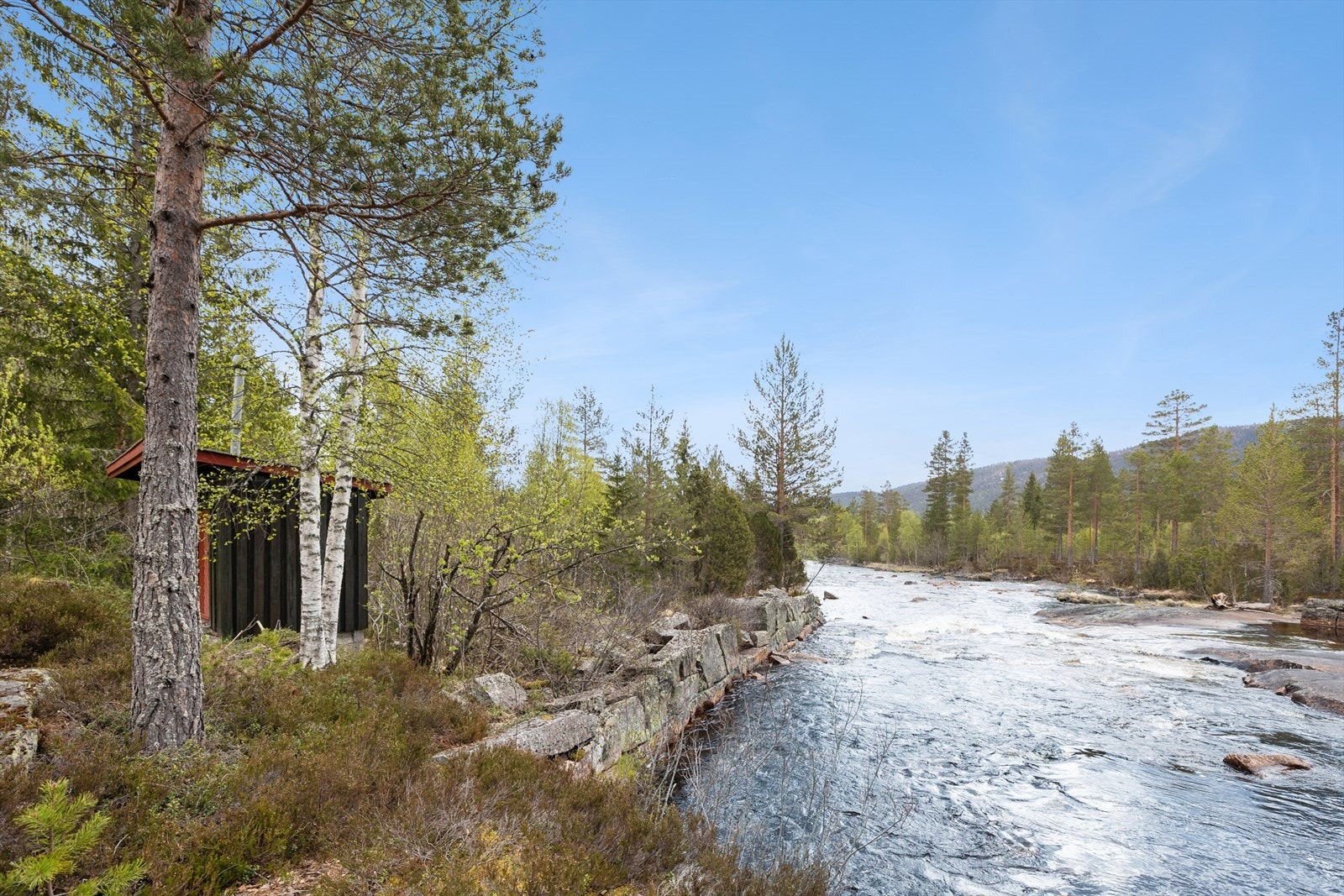 Naturtomten strekker seg ned mot elven og gir fine turmuligheter rett utenfor døren. Galleribilde