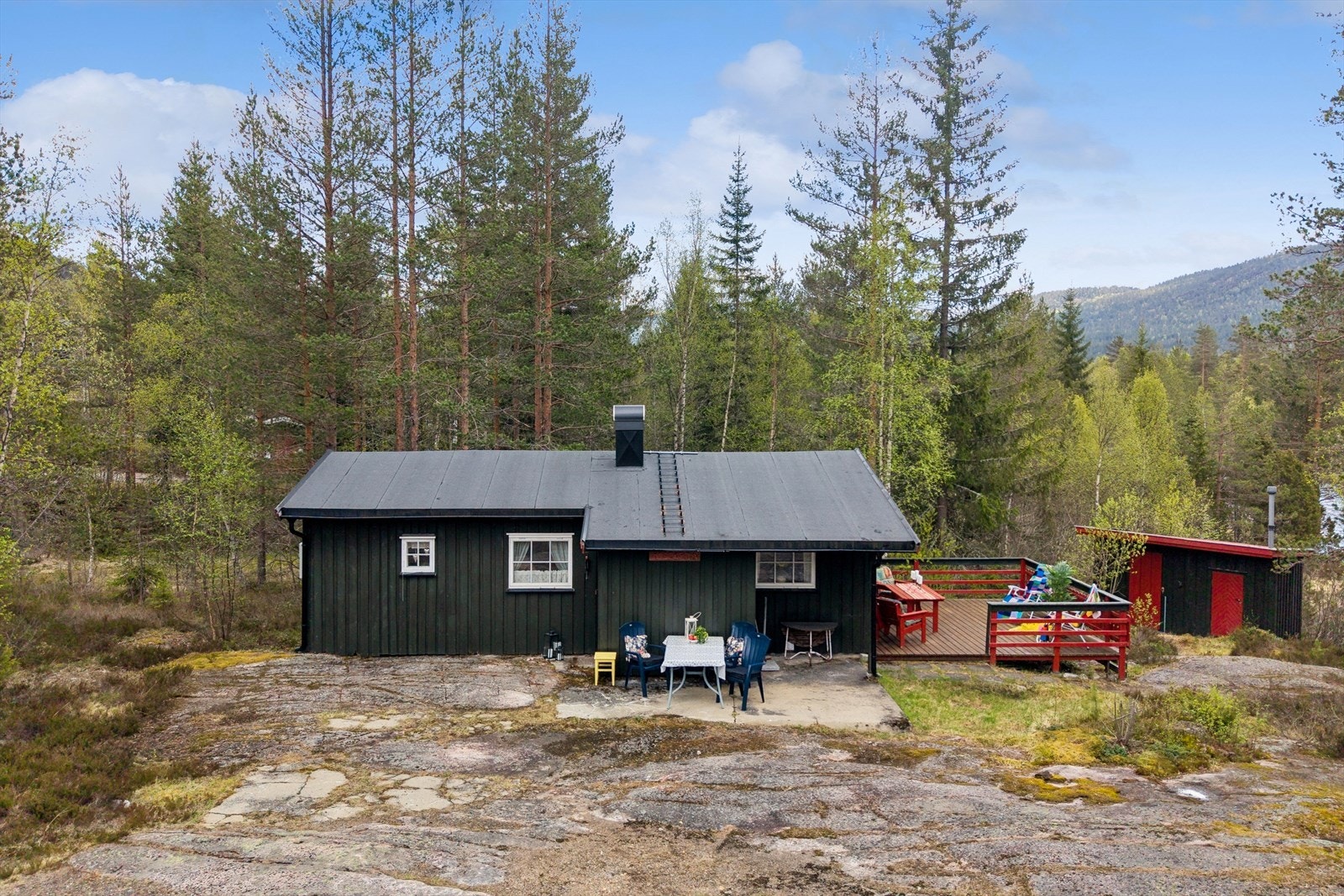 Hytta har stående bordkledning og tak tekket med takpapp/shingel, som ble skiftet i ca. 2009. Galleribilde
