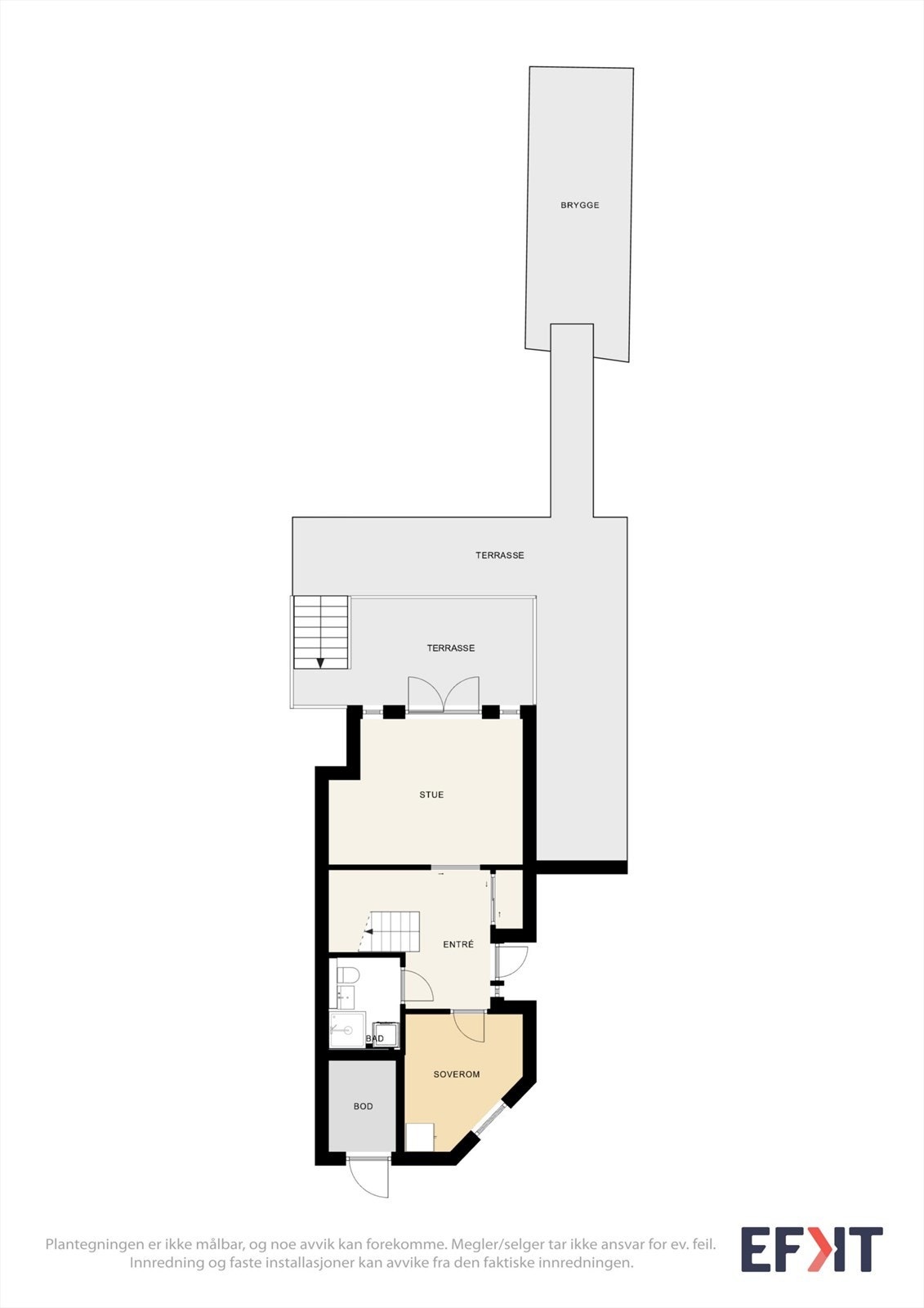 1. etasje inneholder entré, stue, soverom og bad/vaskerom. Etasjen har utgang til en terrasse på 11 m². Galleribilde