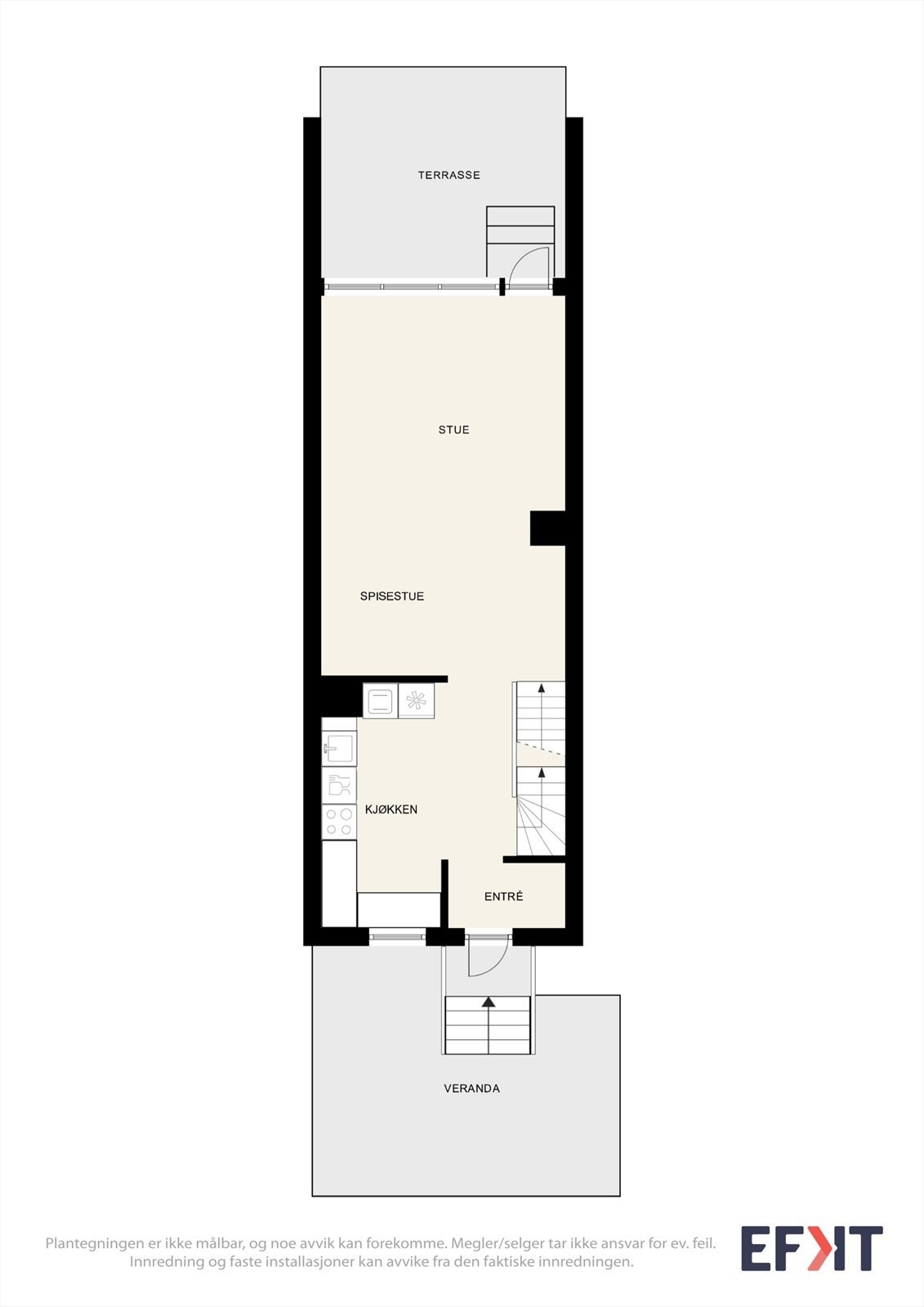 Første etasje har en sosial planløsning med entré, kjøkken og stue med utgang til markterrassen. Galleribilde