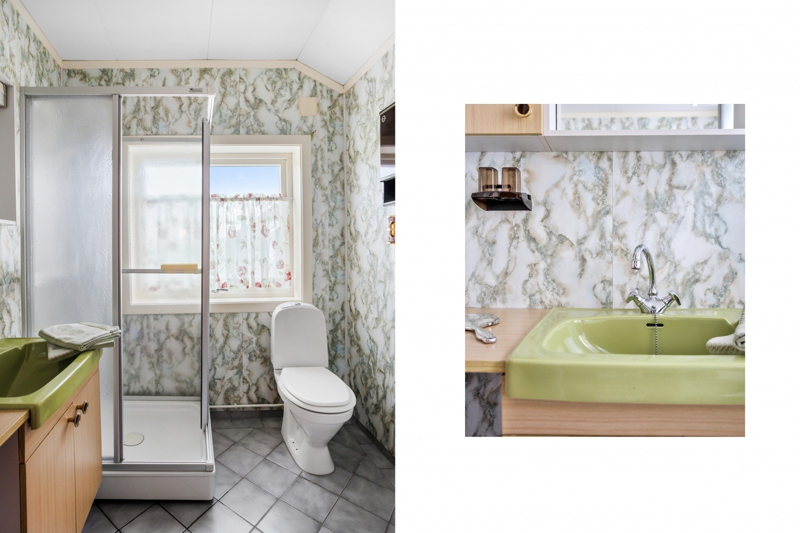 Detaljer fra badet i andre etasje, som har dusjkabinett og ventil på yttervegg for naturlig ventilasjon. Galleribilde