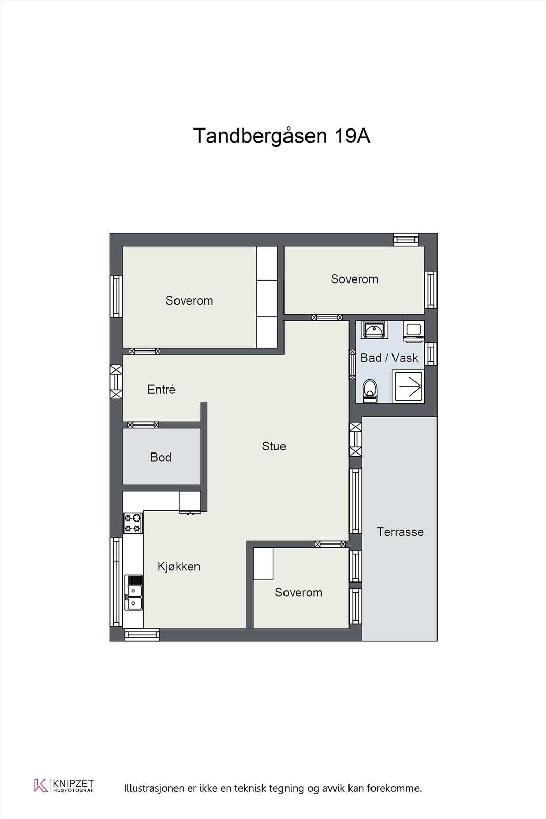 Illustrasjon av alternativ planløsning, som viser mulighet for et tredje soverom. Galleribilde
