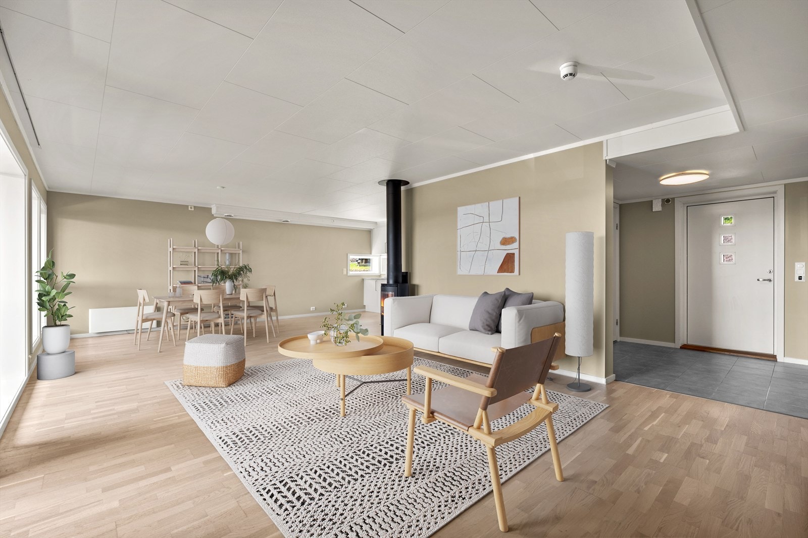 Stilren stue med rene linjer som er enkel å møblere i ønskede soner. Bildet er digitalt stylet for inspirasjon. Galleribilde