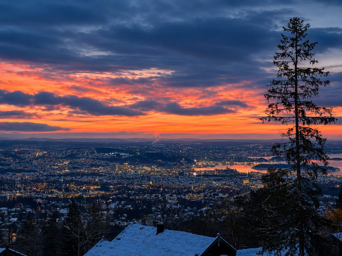 Selgers utsiktsbilde ved solnedgang, vinterstid Galleribilde