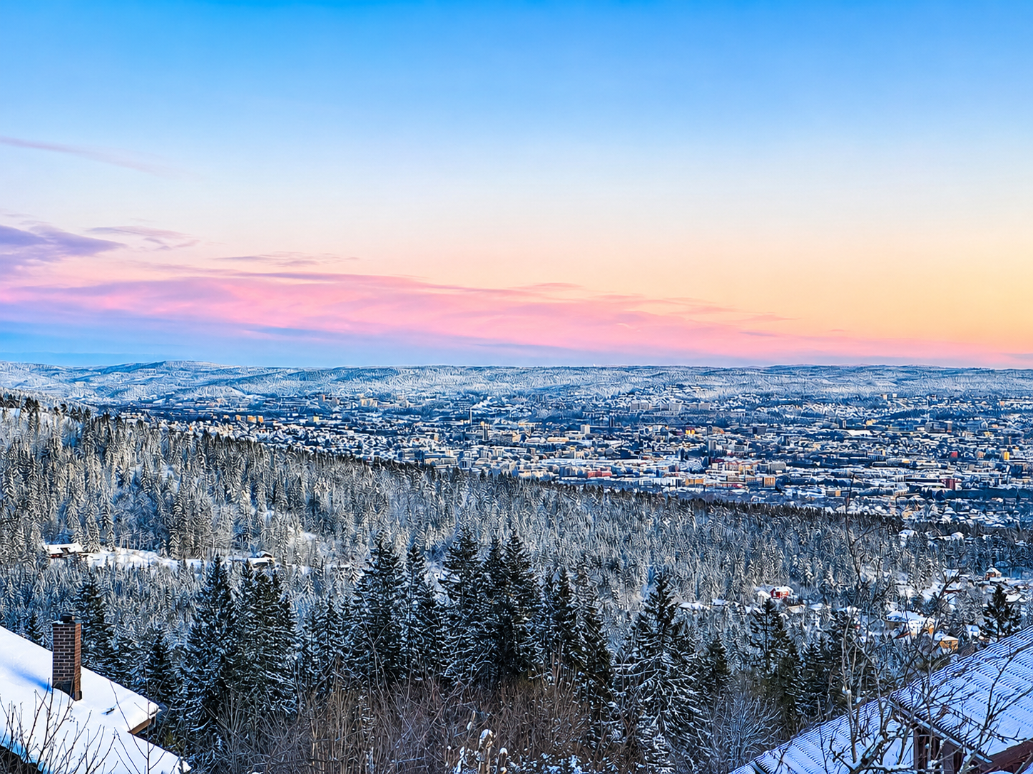 Selgers utsiktsbilde ved solnedgang, vinterstid Galleribilde