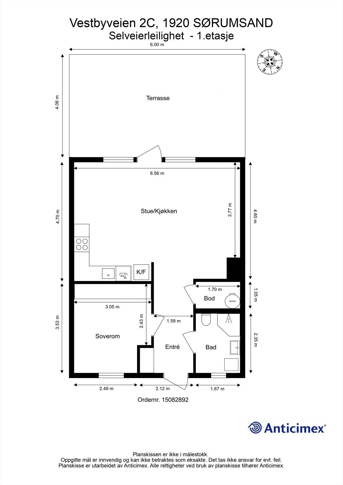 Leiligheten ligger på ett plan og har en praktisk rominndeling med stue, kjøkken, soverom, bad og bod. Galleribilde