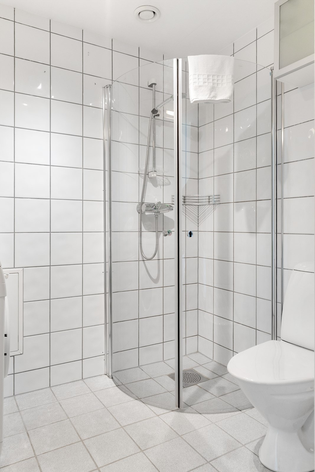 Rommet er ellers innredet med dusjvegger av glass og dusjgarnityr på vegg, vegghengt toalett, innredning med servant samt veggmontert høyskap. Galleribilde