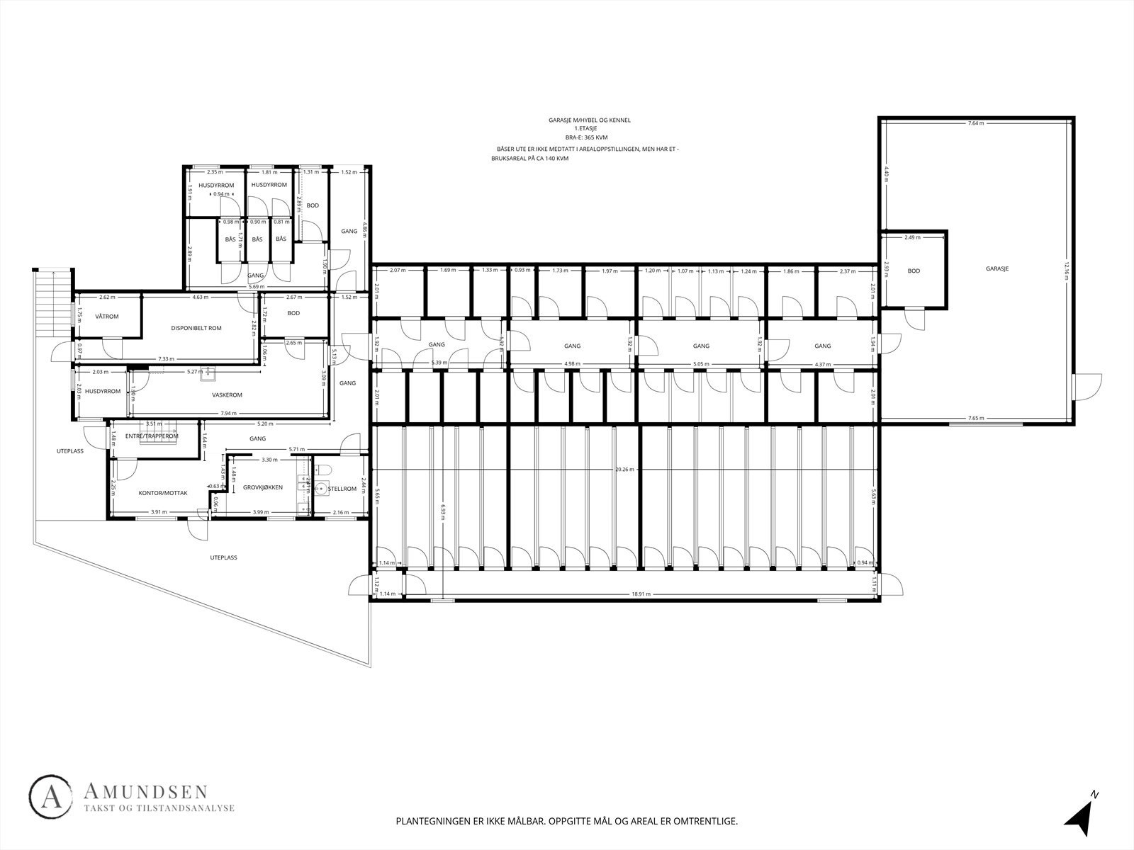 Takstmanns plantegning - kennelbygg m/garasje og hybel 1.etasje Galleribilde