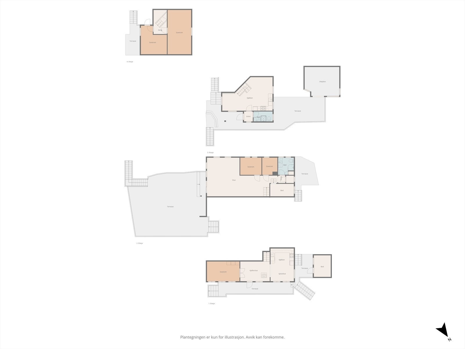 Eiendommen har et samlet bruksareal på 155 m² fordelt på en fritidsbolig, et anneks og en frittstående bod. Galleribilde