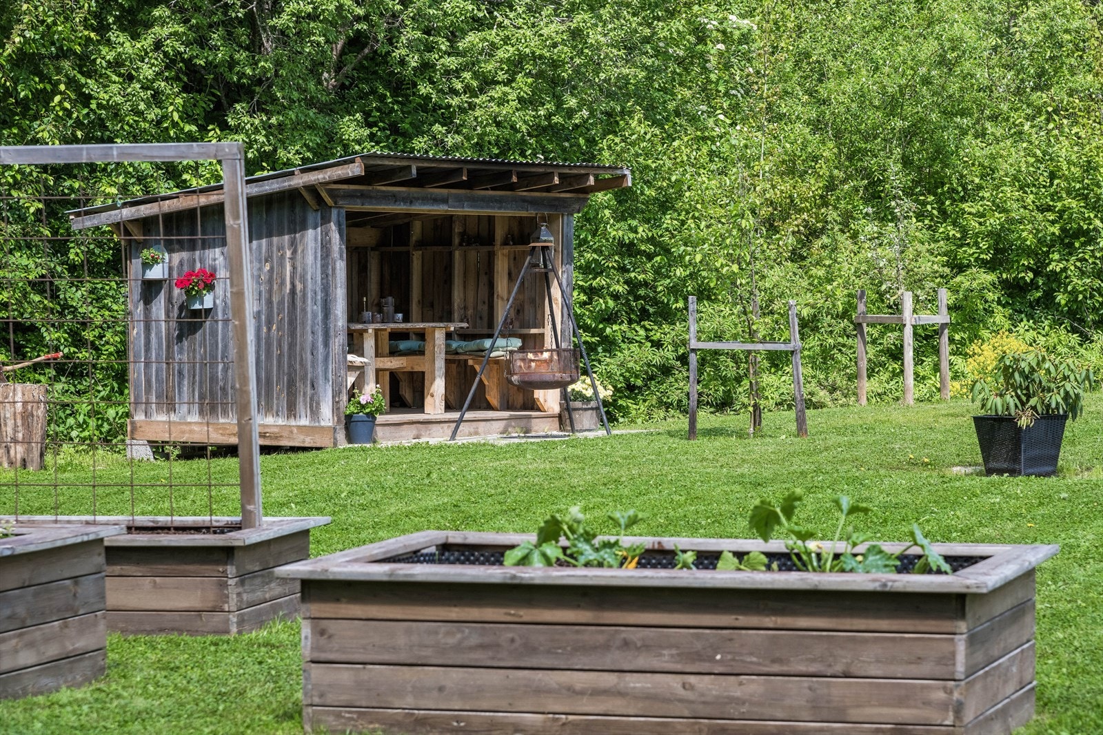 I hagen er det oppført en solid gapahuk i tre, perfekt for samlinger utendørs. Galleribilde