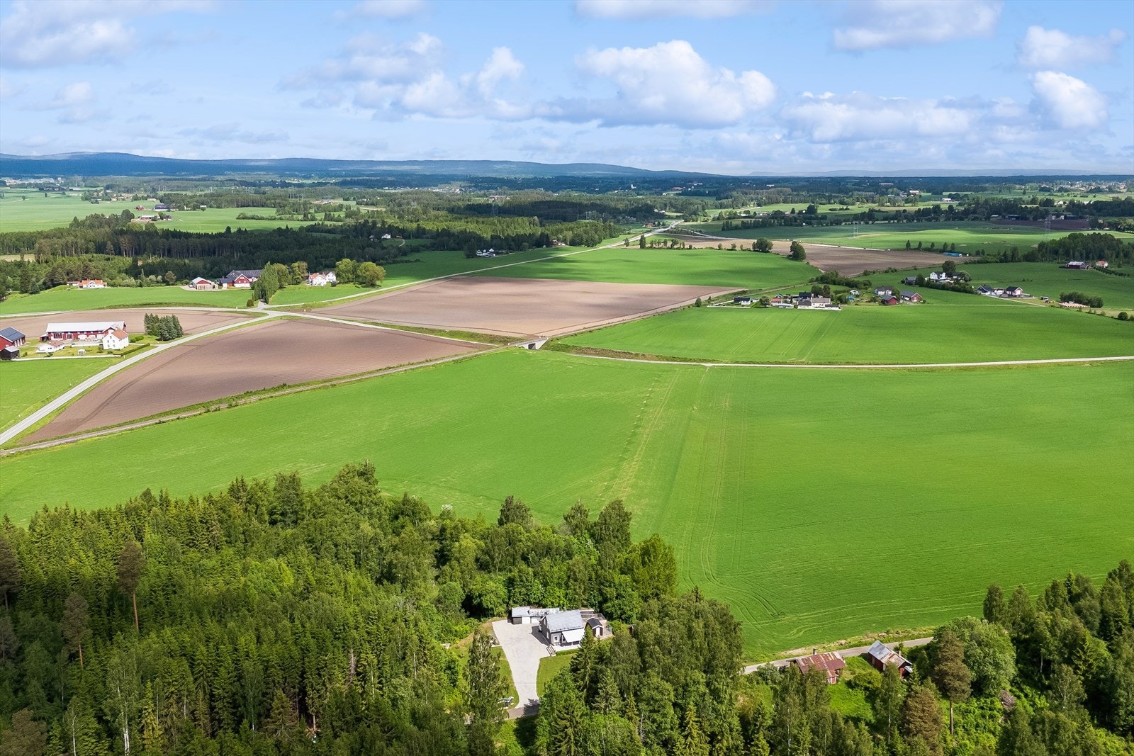 Åpent landskap med store jorder og skogsområder preger nærområdet. Galleribilde
