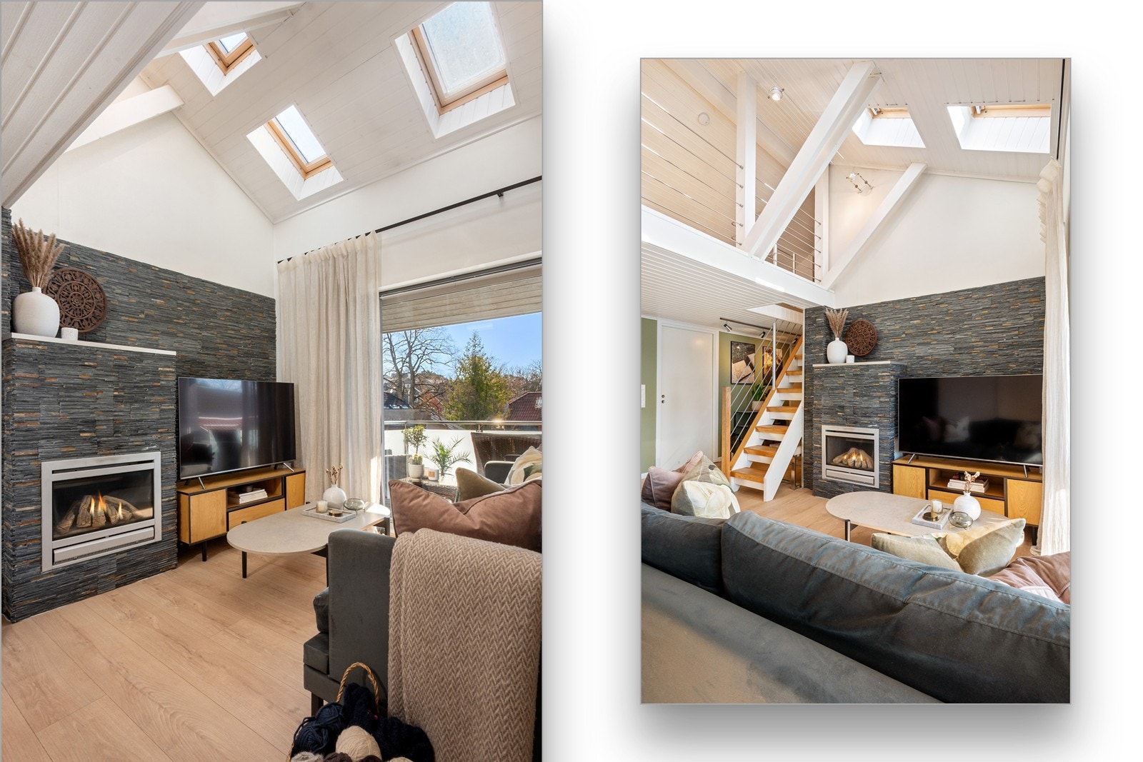 Det er meget generøs takhøyde og takvinduer fra Velux forsterker den luftige atmosfæren. Galleribilde