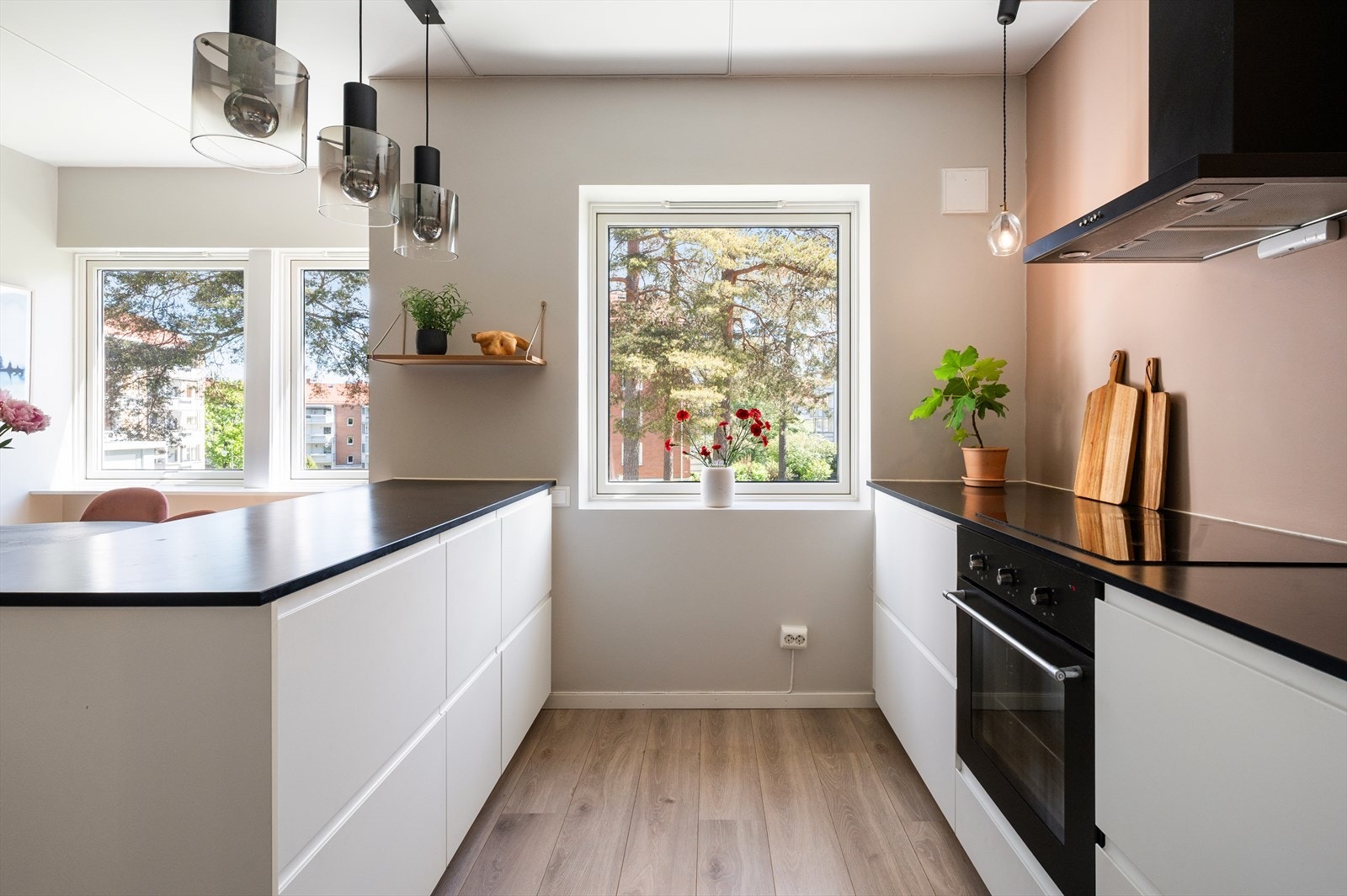 Laminat benkeplate med nedfelt vask, kullfilterventilator over koketopp samt montert komfyrvakt og Waterguard. Galleribilde