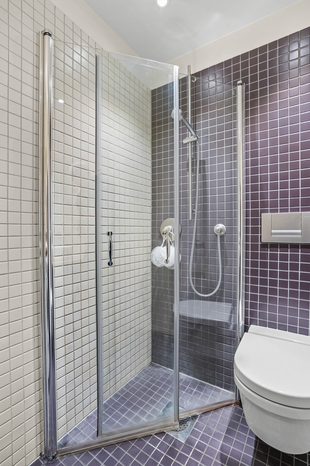 Badet har vegghengt toalett og dusjhjørne med innfellbare glassdører for optimal plassutnyttelse. Galleribilde