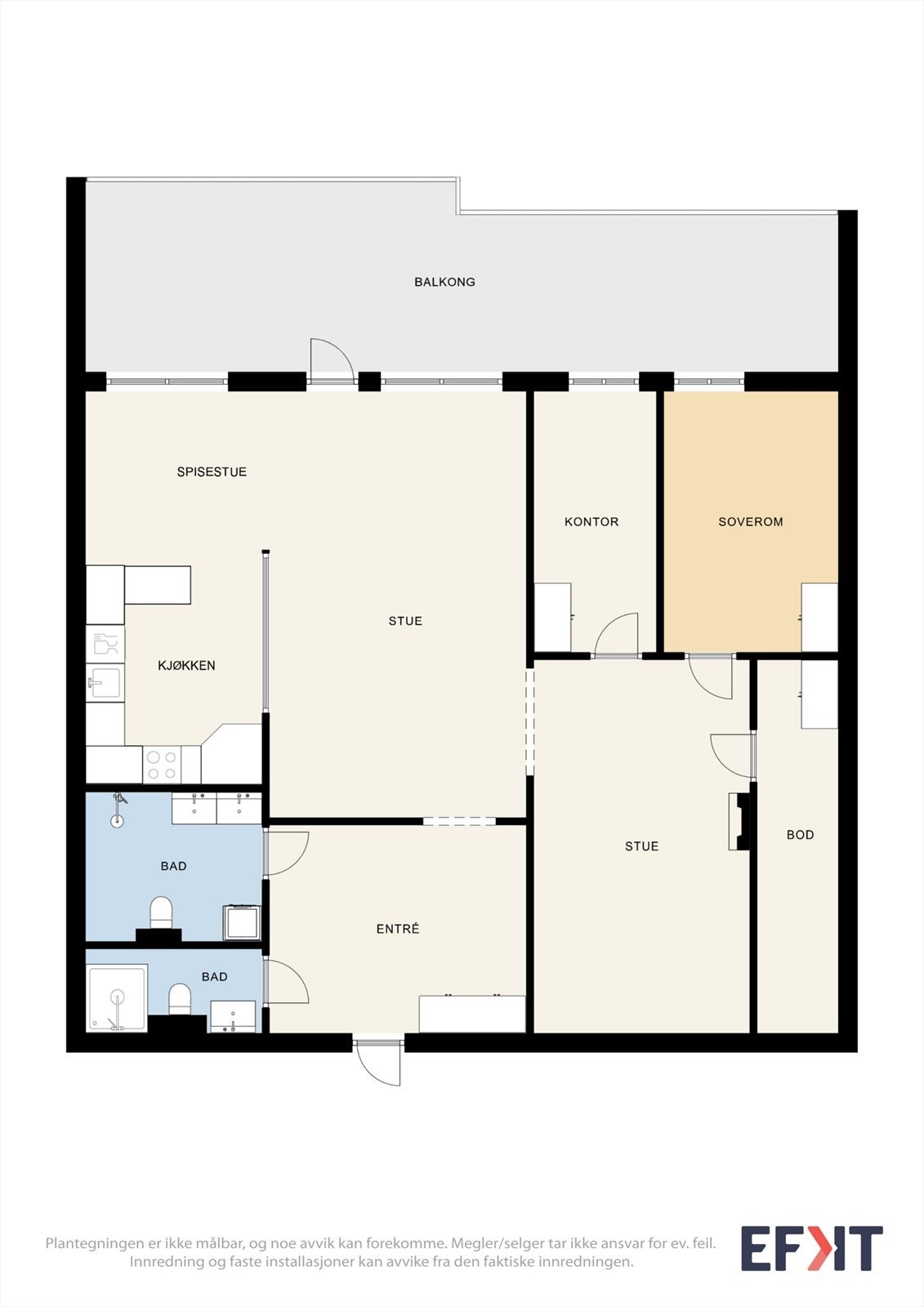 Leiligheten ligger på ett plan og har en arealeffektiv planløsning med to soverom, to stuer og rikelig med lagringsplass. Galleribilde