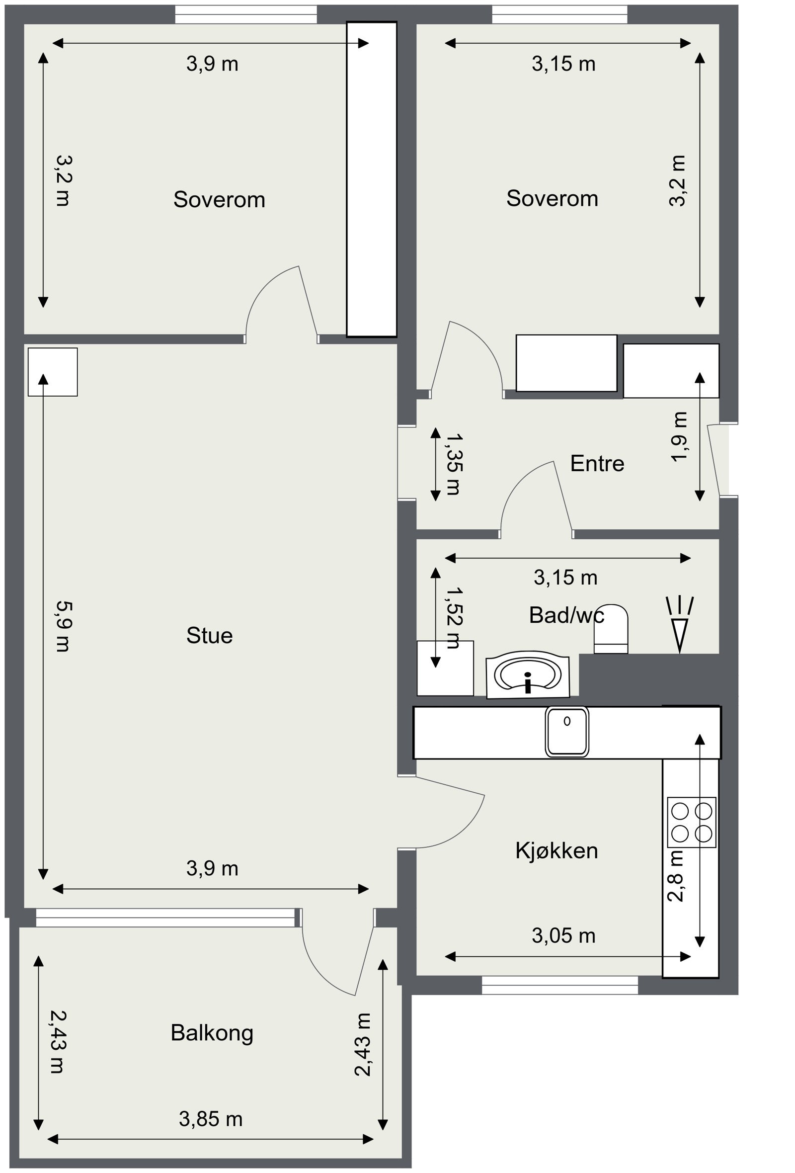 Innhold: Entré, bad/wc, 2 soverom, kjøkken og stue. Galleribilde
