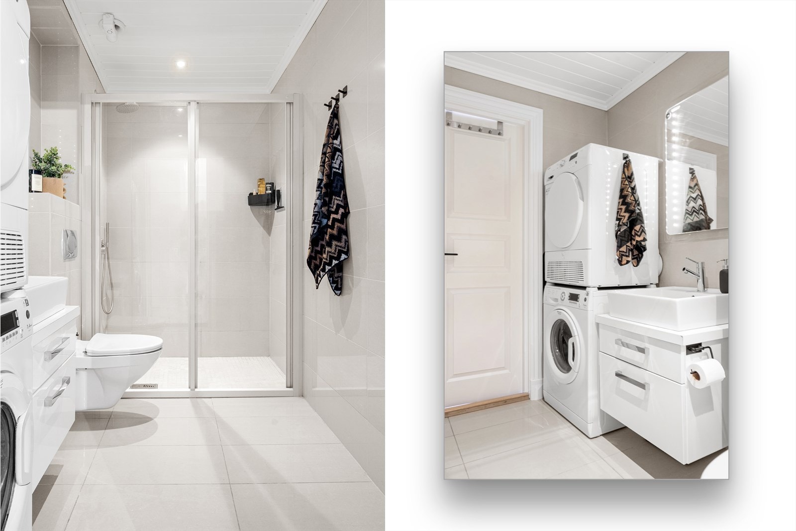 Badet er antatt fra 2008/2009, med store, flislagte overflater, gulvvarme og downlights i himling. Innerst er en romslig dusjnisje med skyvedør, dusjsonen har veggmontert dusjhode og hånddusj. Galleribilde