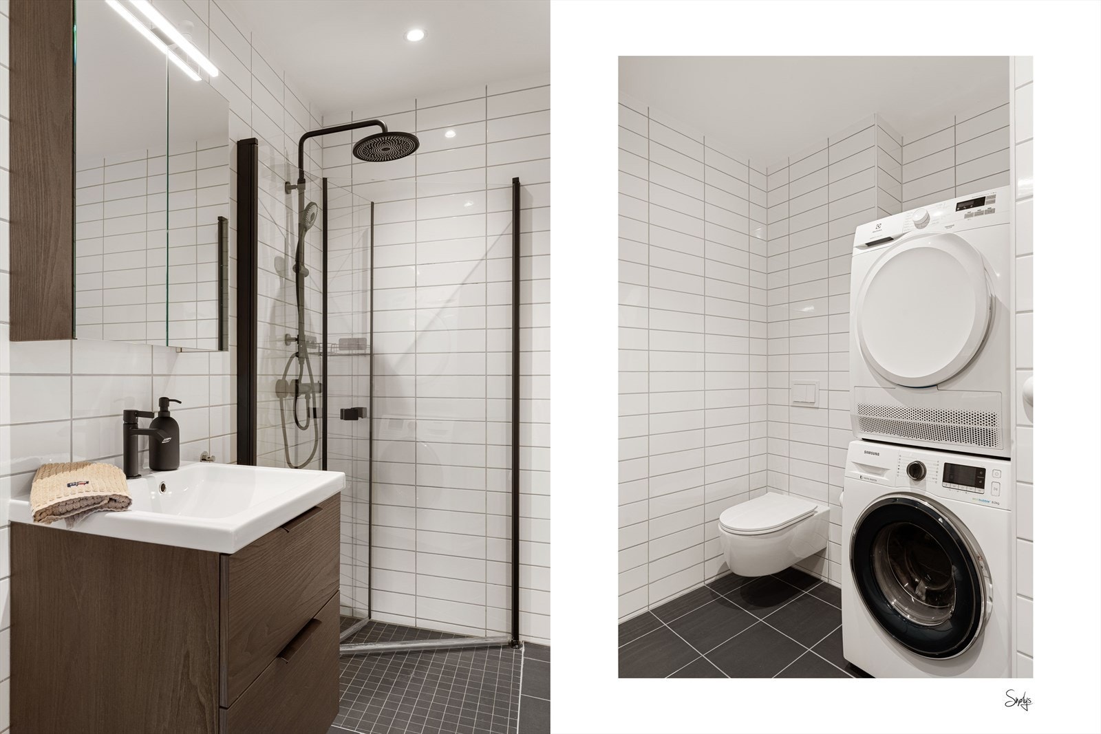 Badet er av god størrelse med varme i gulv, vegghengt toalett, opplegg for vaskemaskin og tørketrommel, og en god dusjnisje med "rainshower" Galleribilde