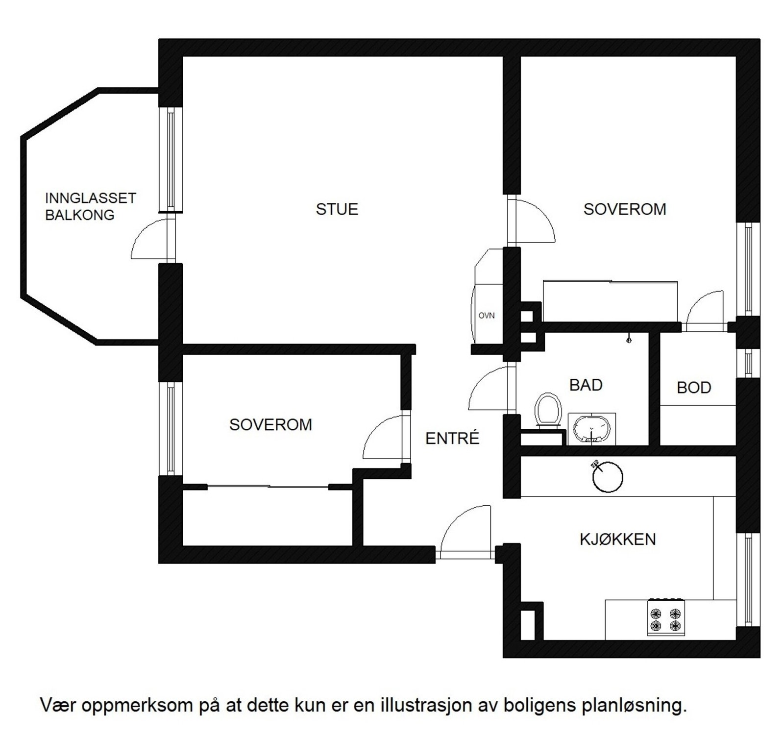 Planskisse. Utover overnevnte areal disponerer leiligheten loftsbod og 2 kjellerboder. Galleribilde