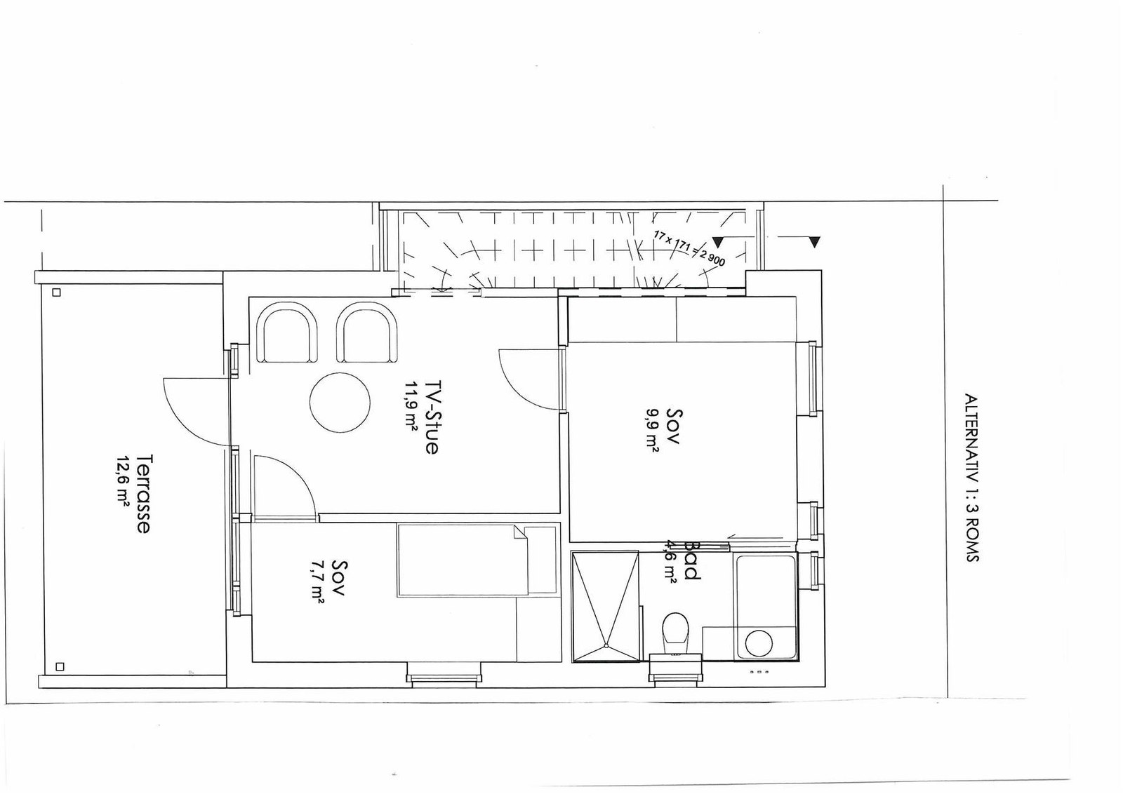 Alternativ planløsning i 2.etasje - tegnet av arkitekt. Ved ønske eller behov for et ekstra soverom i boligen, så kan deler av stua i 2.etasje deles av til et soverom 2. Galleribilde