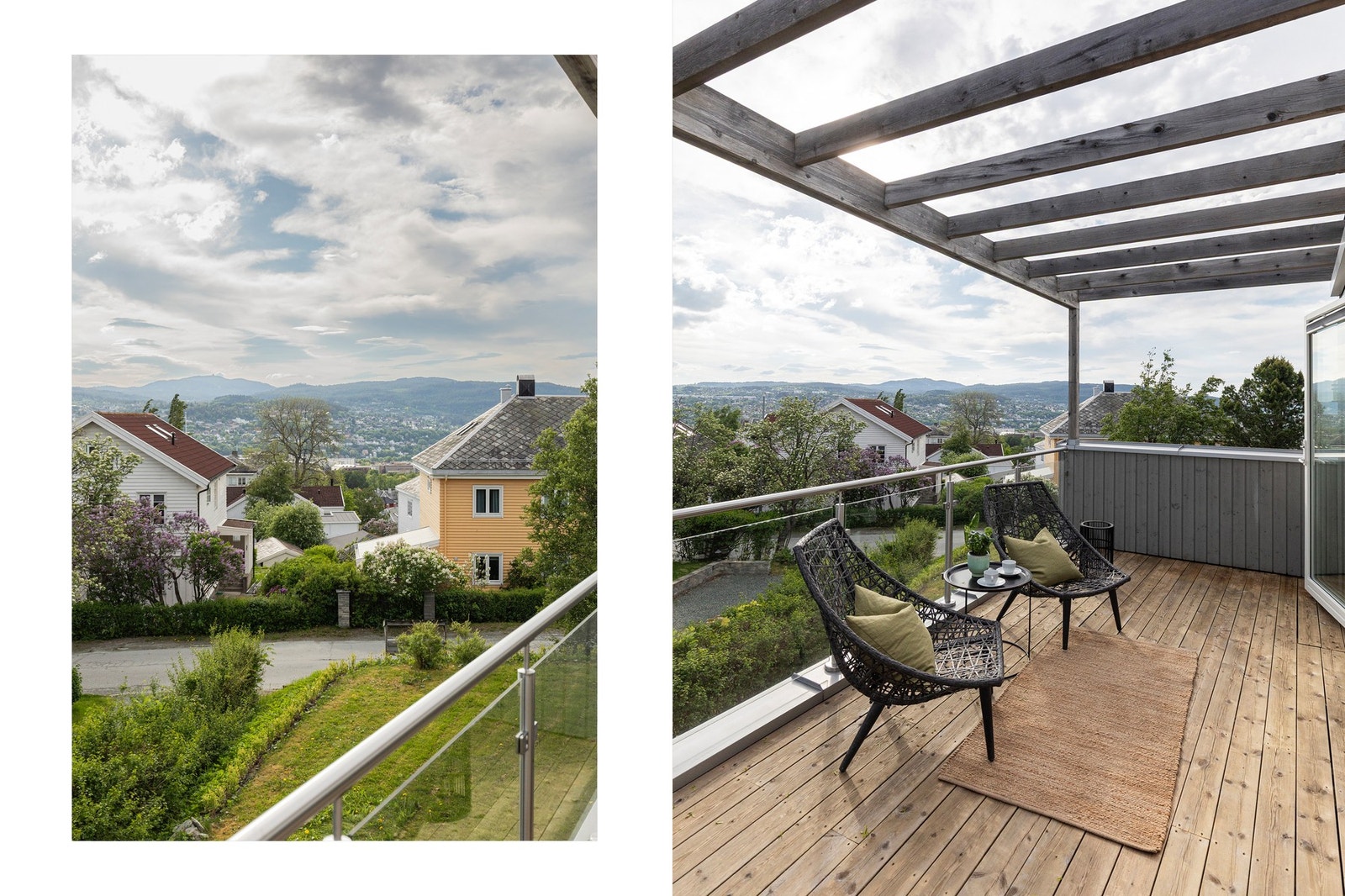 Herfra har man en nydelig utsikt mot deler av Trondheim by, Byåsen og Gråkallen i det fjerne. Tette vegger på kortsidene skaper skjerming, og glassfeltet bidrar til at man får et pent utsyn mot hagen og fine omgivelser. Galleribilde