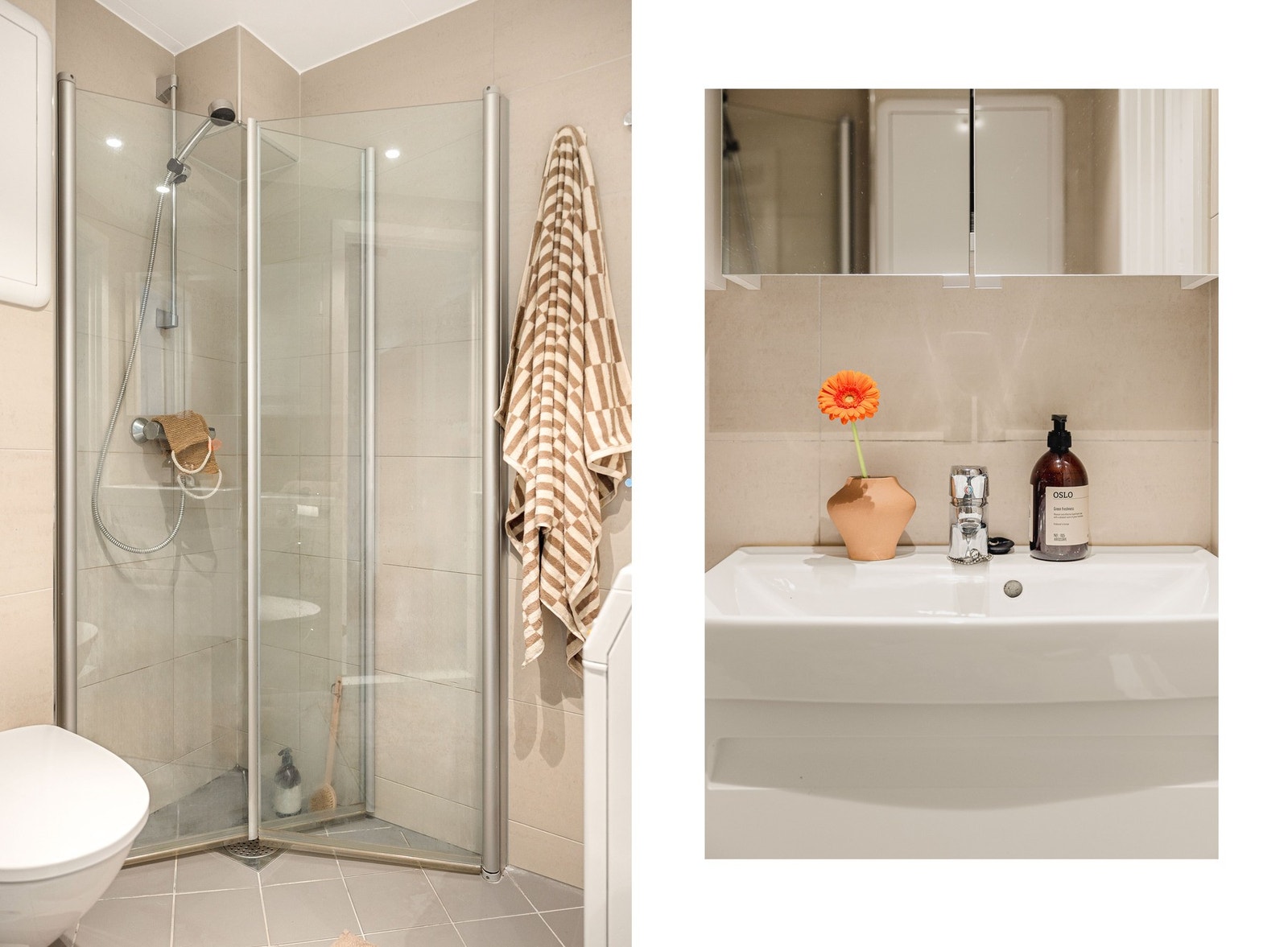 Badet er helfliset, har innfelte downlights i tak og opplegg til vaskemaskin. Galleribilde