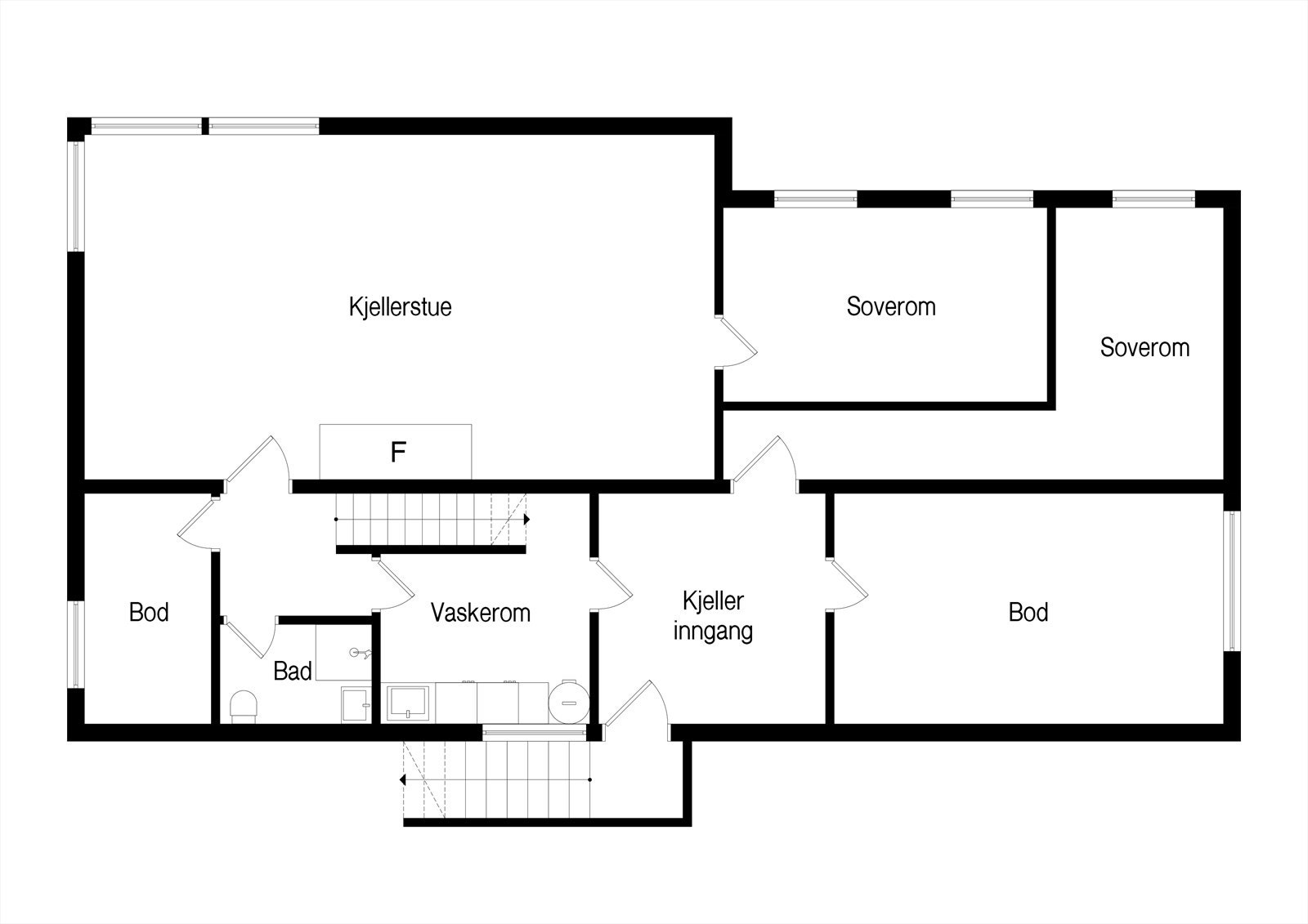 Kjelleretasjen inneholder kjellerstue, to soverom, bad, vaskerom, entré og boder. Galleribilde
