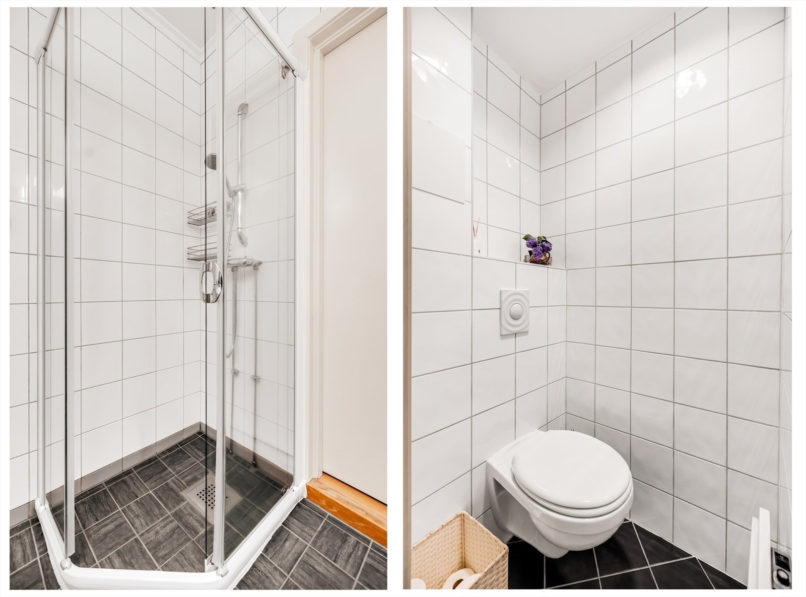 Baderommet er innredet med dusjhjørne og har et praktisk, separat wc-rom. Galleribilde