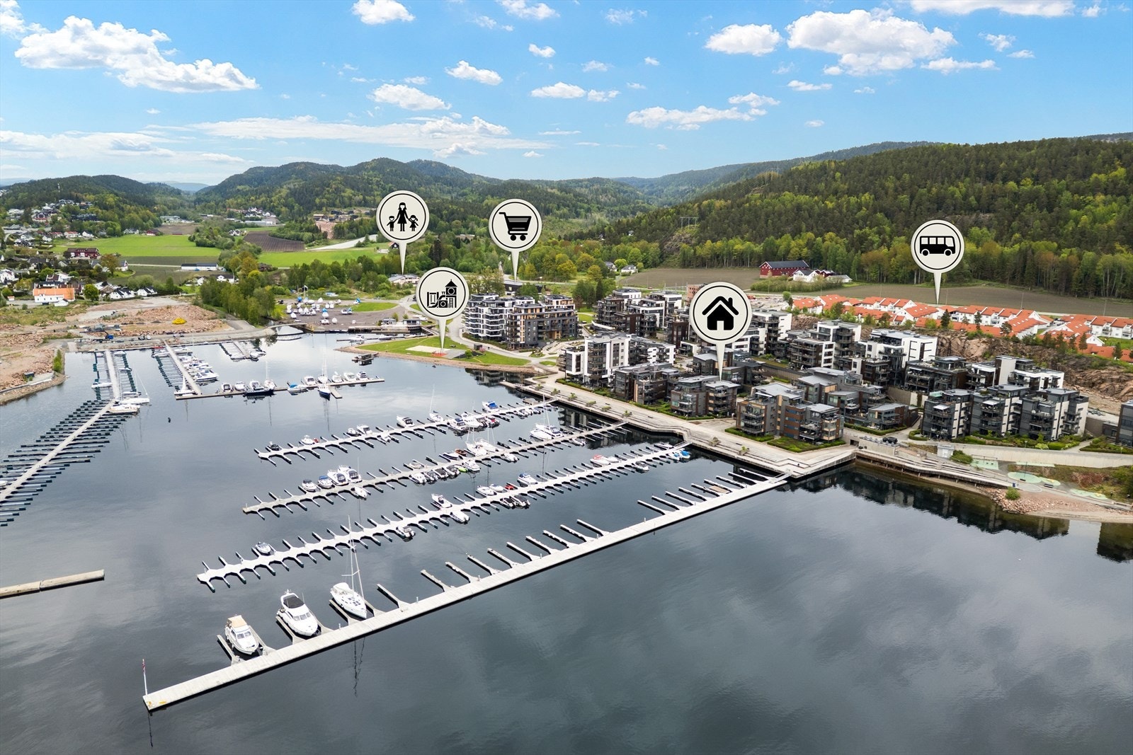 Nordre Jarlsberg Brygge er et moderne boligområde med nærhet til alt du trenger i hverdagen. (Illustrasjon) Galleribilde