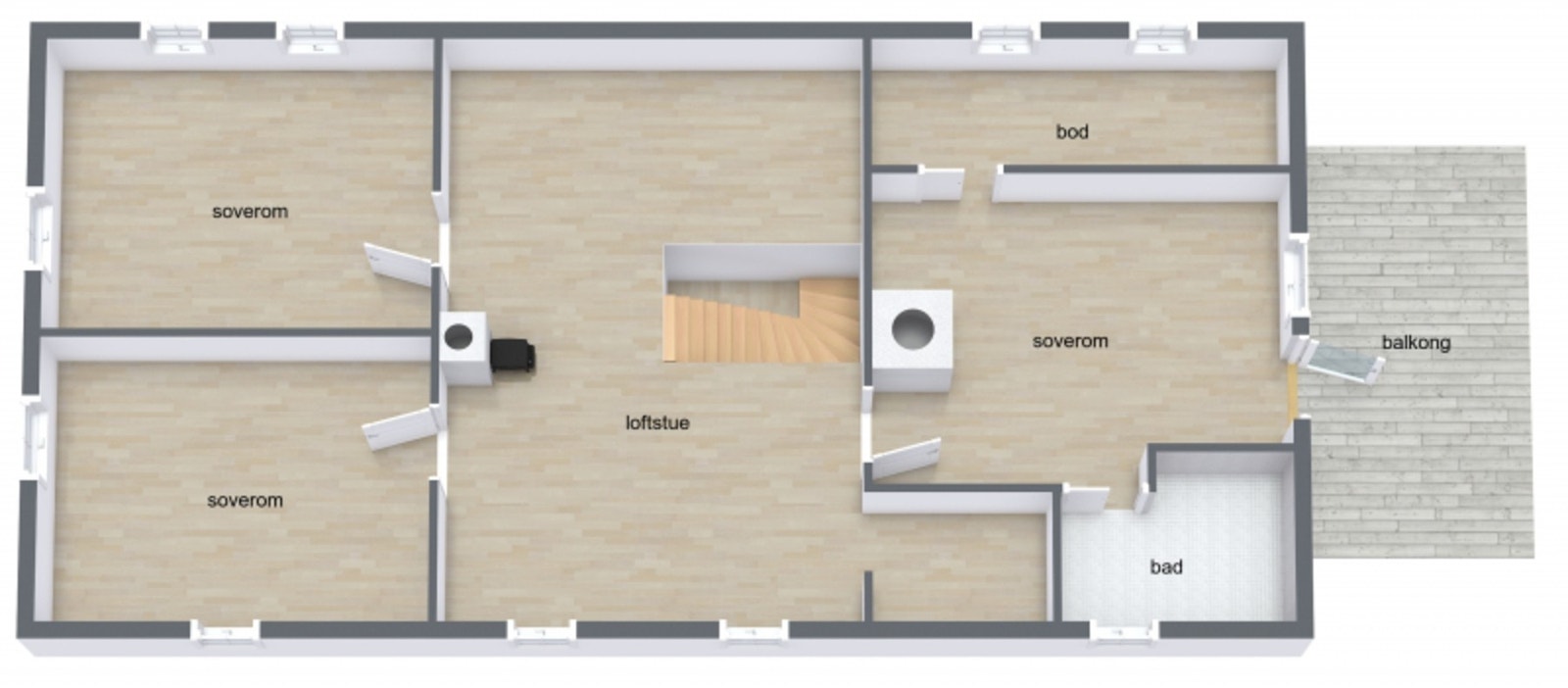 2.etg. byr på: Trapperom, loftstue / gang, 3 soverom, toalettrom og garderobe Galleribilde