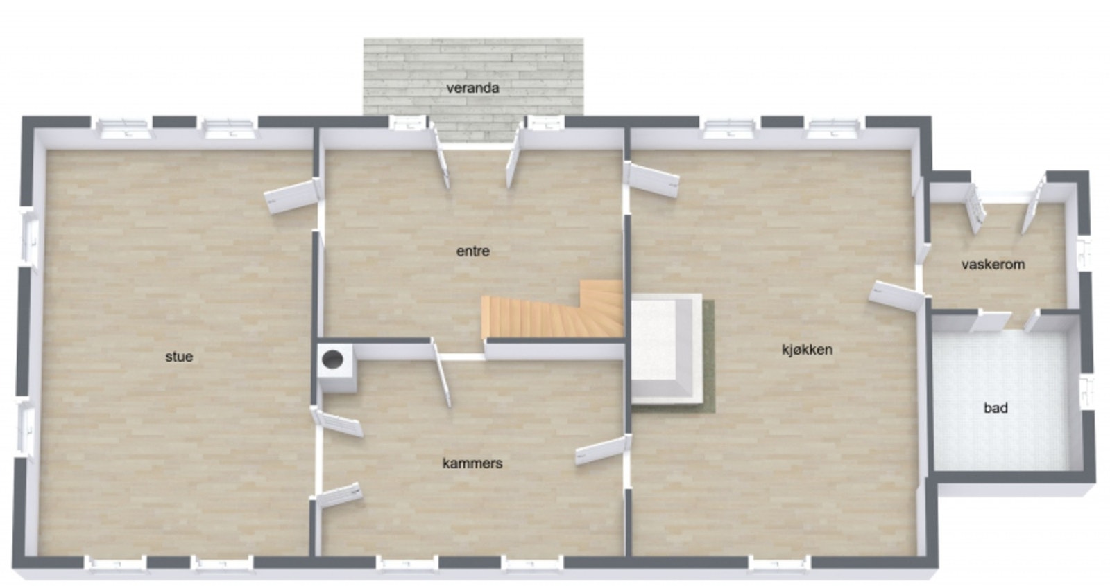 1.etg. byr på: Entré / hall m trapp, stue, kammers, kjøkken og bad/vaskerom. Galleribilde