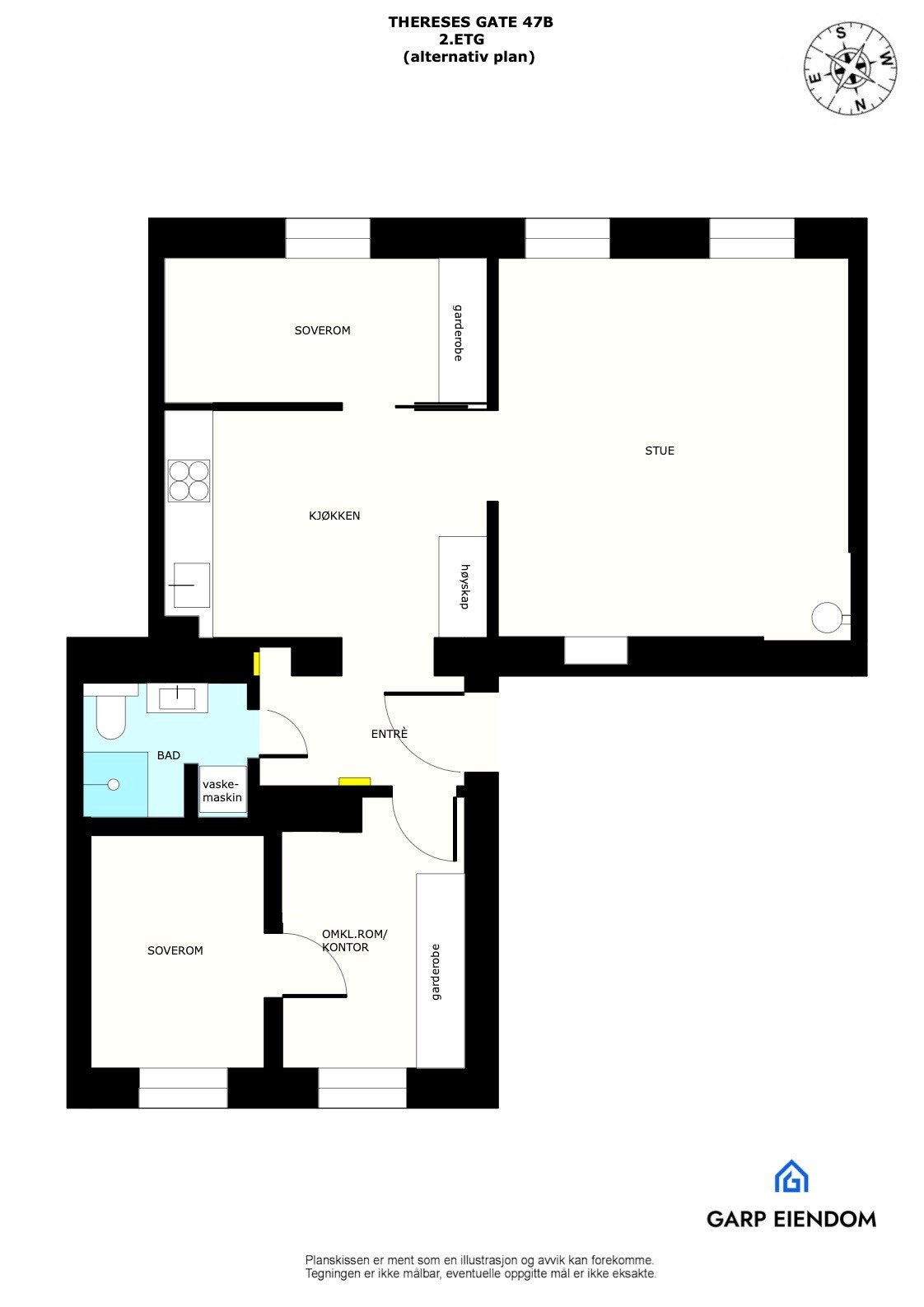 Illustrasjon alternativ planløsning, ny eier har ansvaret for at eventuelle endringer i planløsning oppfyller dagens krav. Galleribilde
