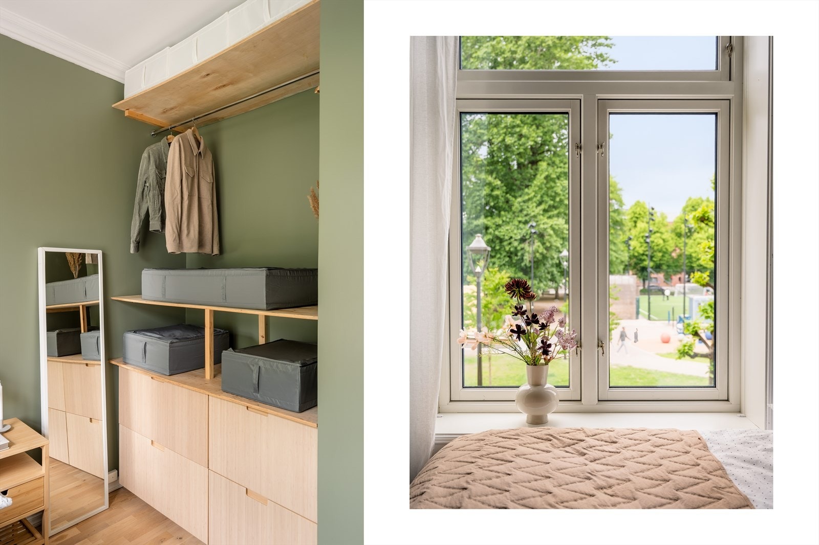 Leiligheten har spesialtilpassede plissegardiner på begge soverom og i stue, montert opp i 2023. Galleribilde