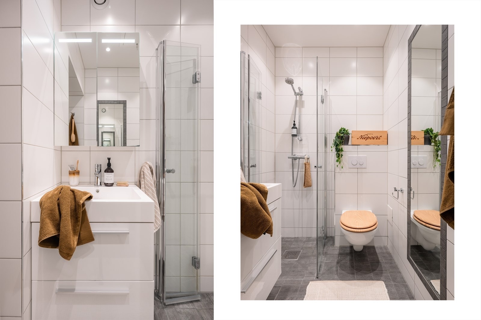 Det flislagte badet ble pusset opp i 2016. Badet er innredet med servant med servantskap, veggfestet toalett og hjørnedusj med innfellbare glassdører. Galleribilde