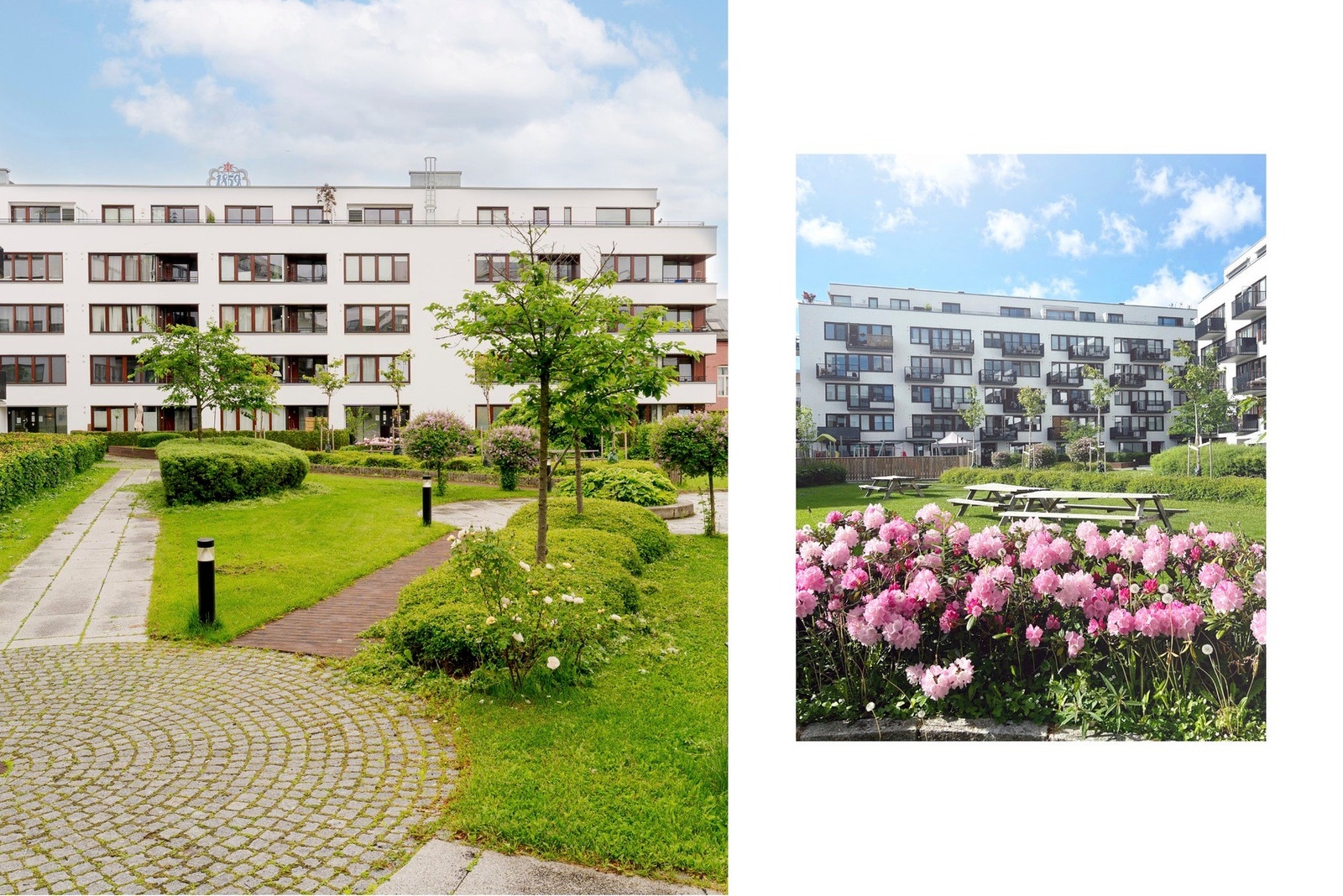 Romslig og skjermet bakgård med flere friområder og sittesoner. God plass til piknik, ballspill eller rekreasjon. Galleribilde