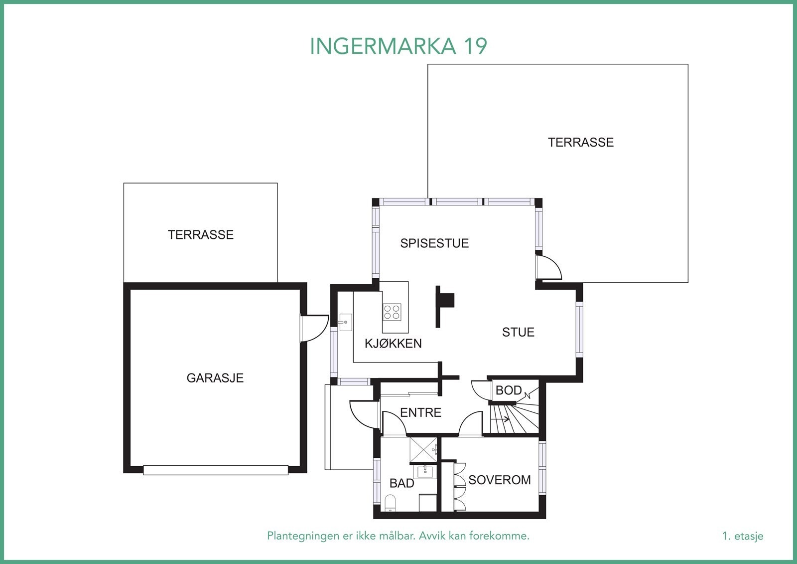 Plantegning 1.etg. med garasje og terrasser Galleribilde