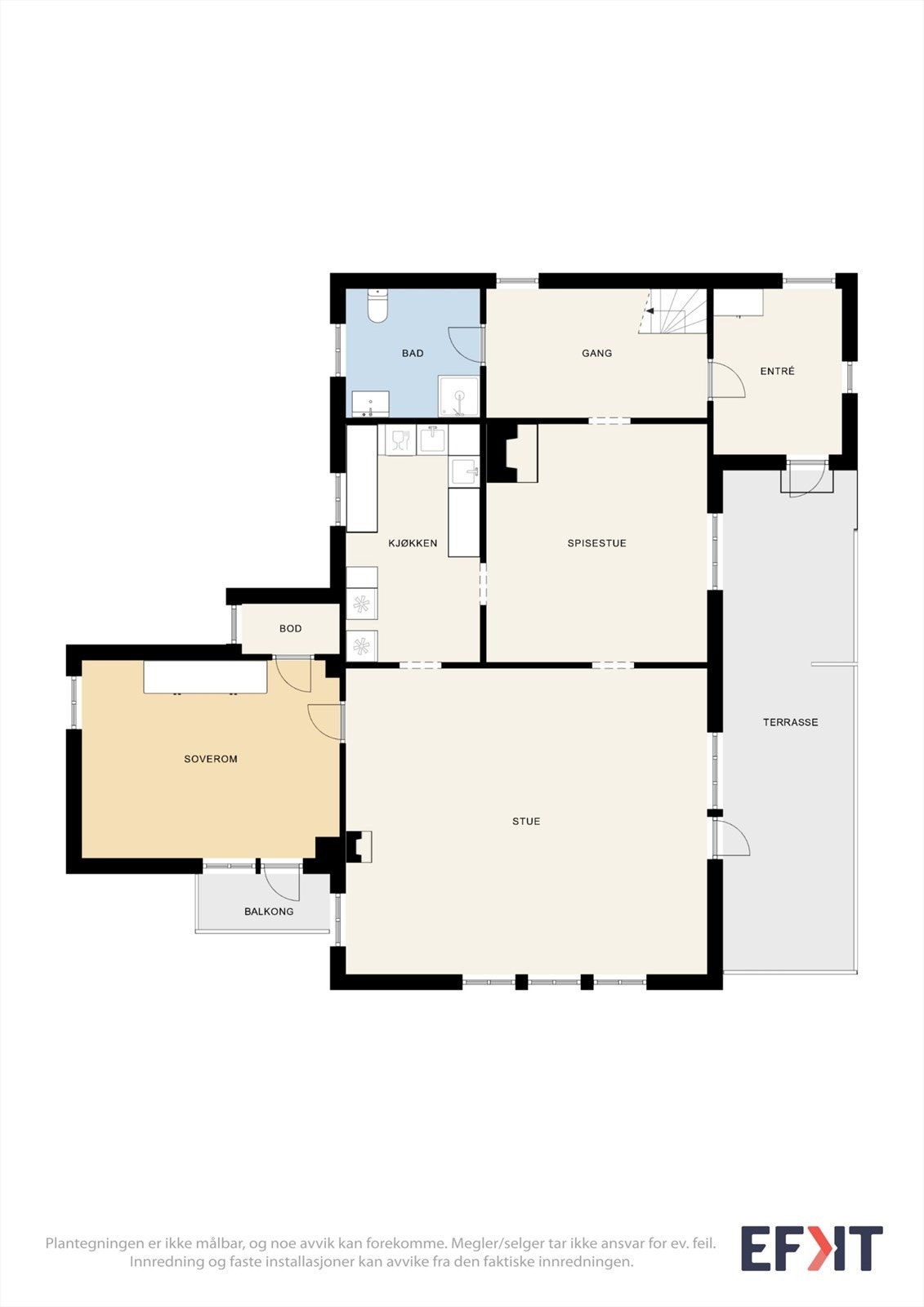 Planløsningen for første etasje med entré, gang, stue, spisestue, kjøkken, bad og ett soverom. Galleribilde