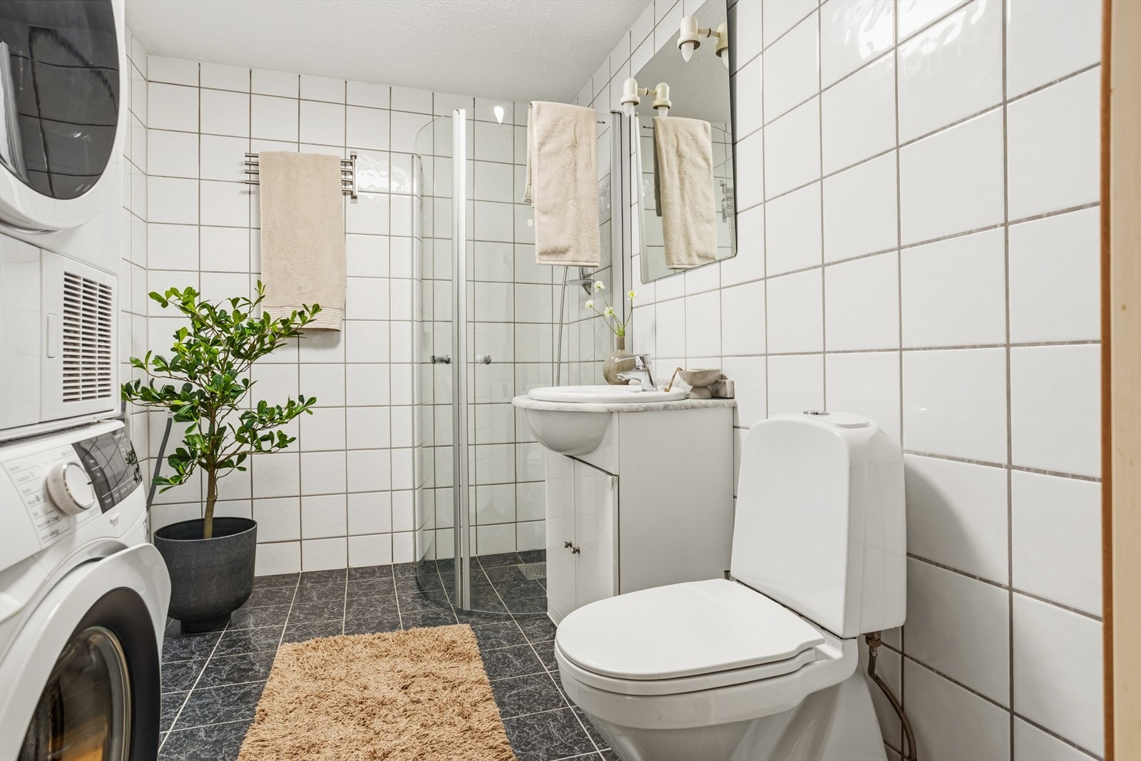 Baderommet inneholder dusjhjørne med innfellbare glassdører, toalett, servant med skap, speil på vegg og opplegg for vaskemaskin. Galleribilde