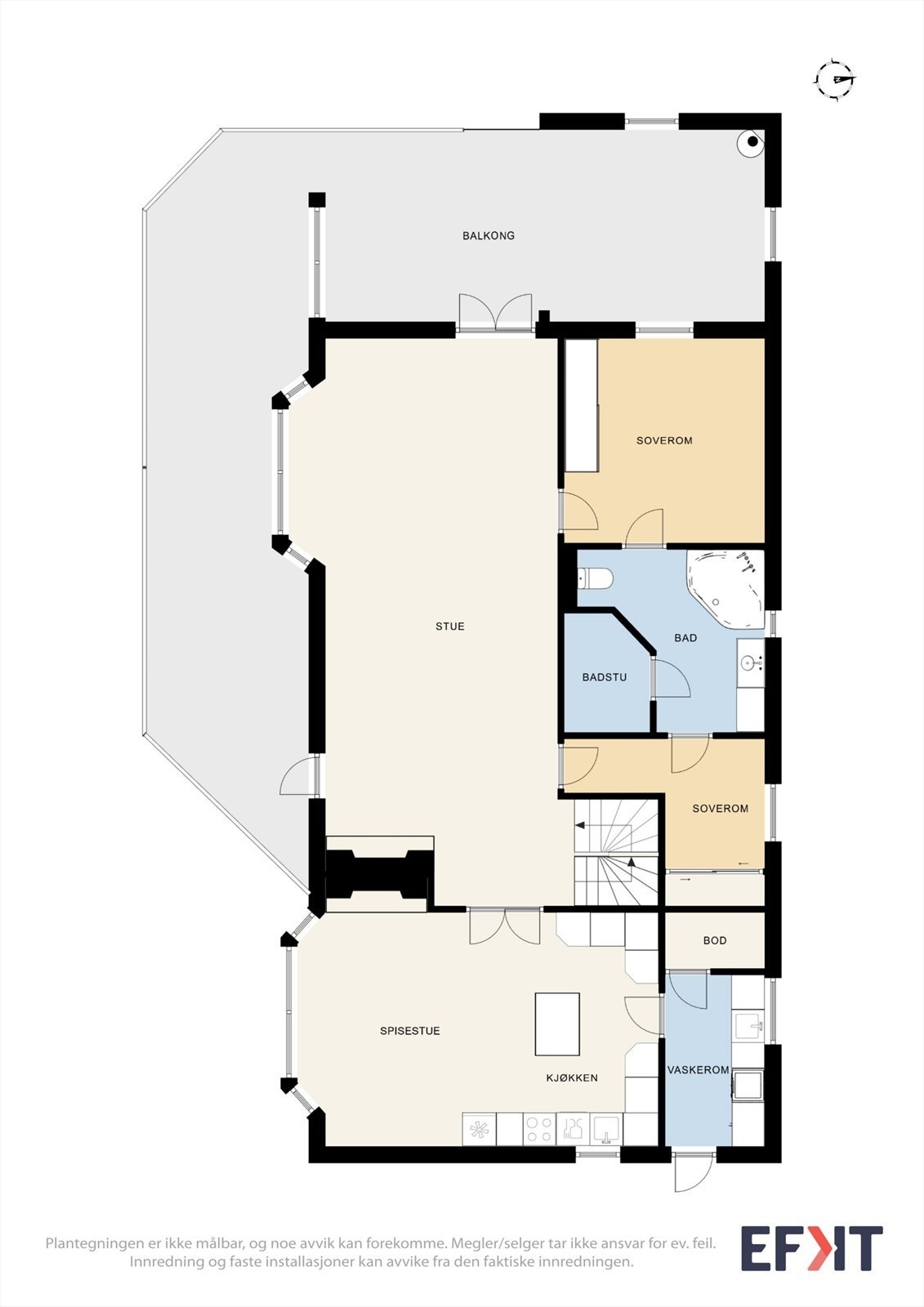Hovedetasjen har en sosial planløsning med stue, spisestue og kjøkken, samt to soverom, bad, badstue og vaskerom. Galleribilde