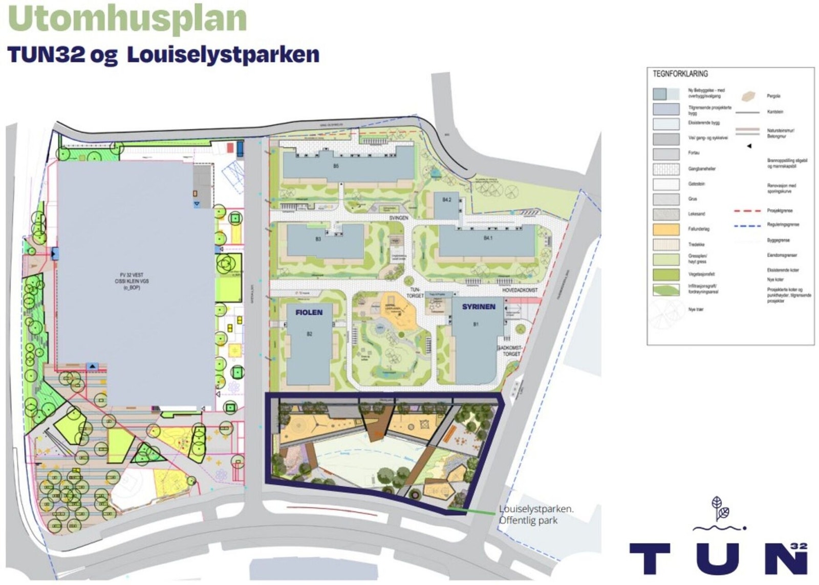 Utomhusplan for prosjektet, samt nye Louiselystparken. Galleribilde