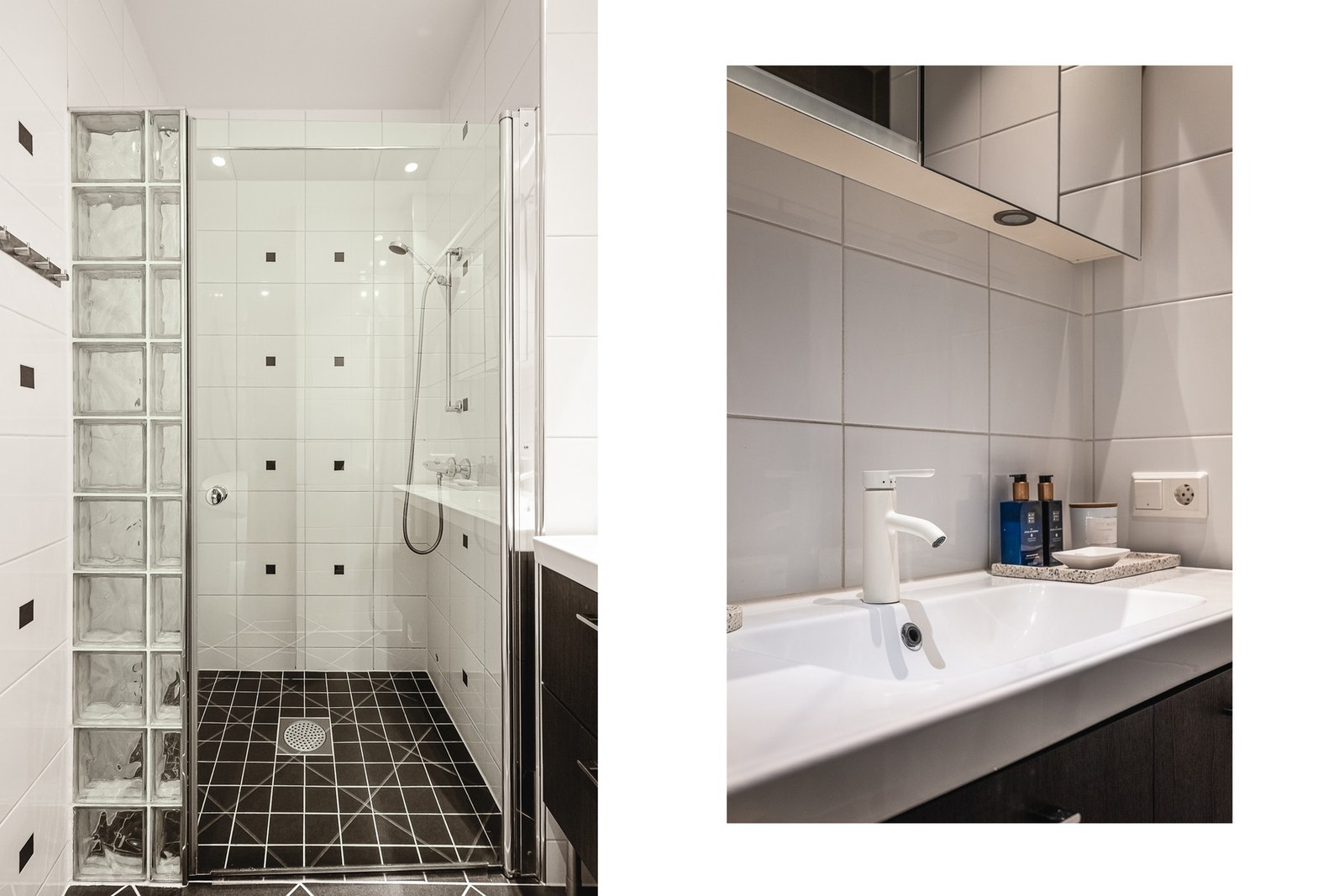 Badet har en stor dusjnisje, samt nisje hvor varmtvannsberederen er plassert. Galleribilde