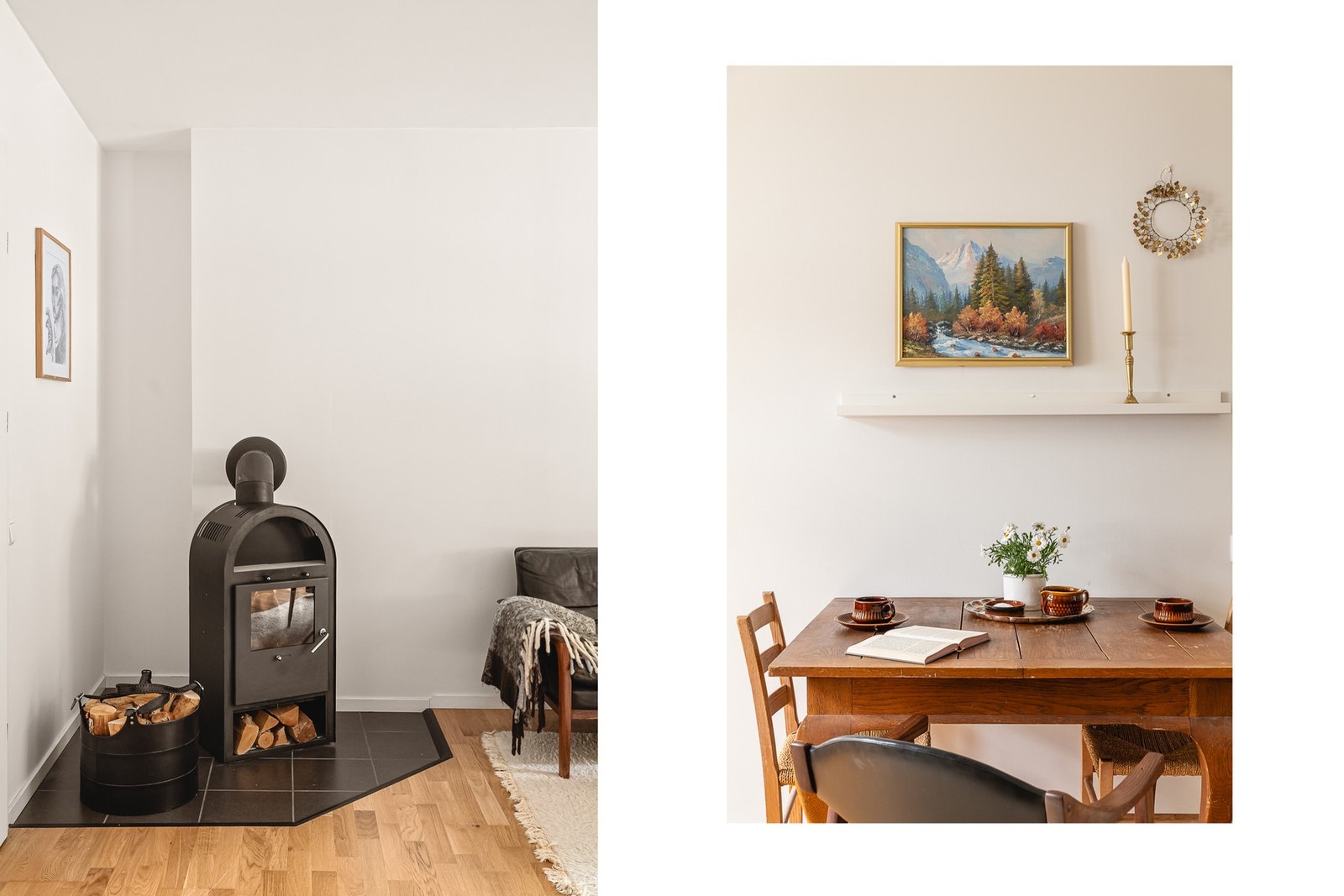 I stuen er det en flott peis som varmer godt. I bodene i underetasjen er det god plass til oppbevaring av ved. Galleribilde
