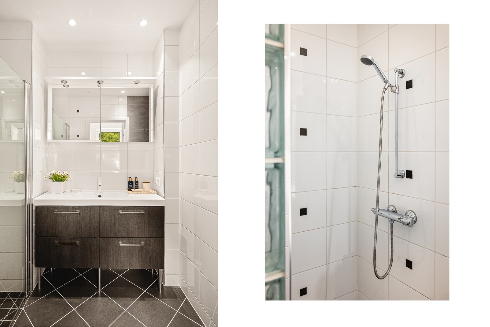 Badet er også fra 2014 og har et stort baderomsmøbel med skuffer, og speilskap - her har man godt med oppbevaringsplass. Galleribilde