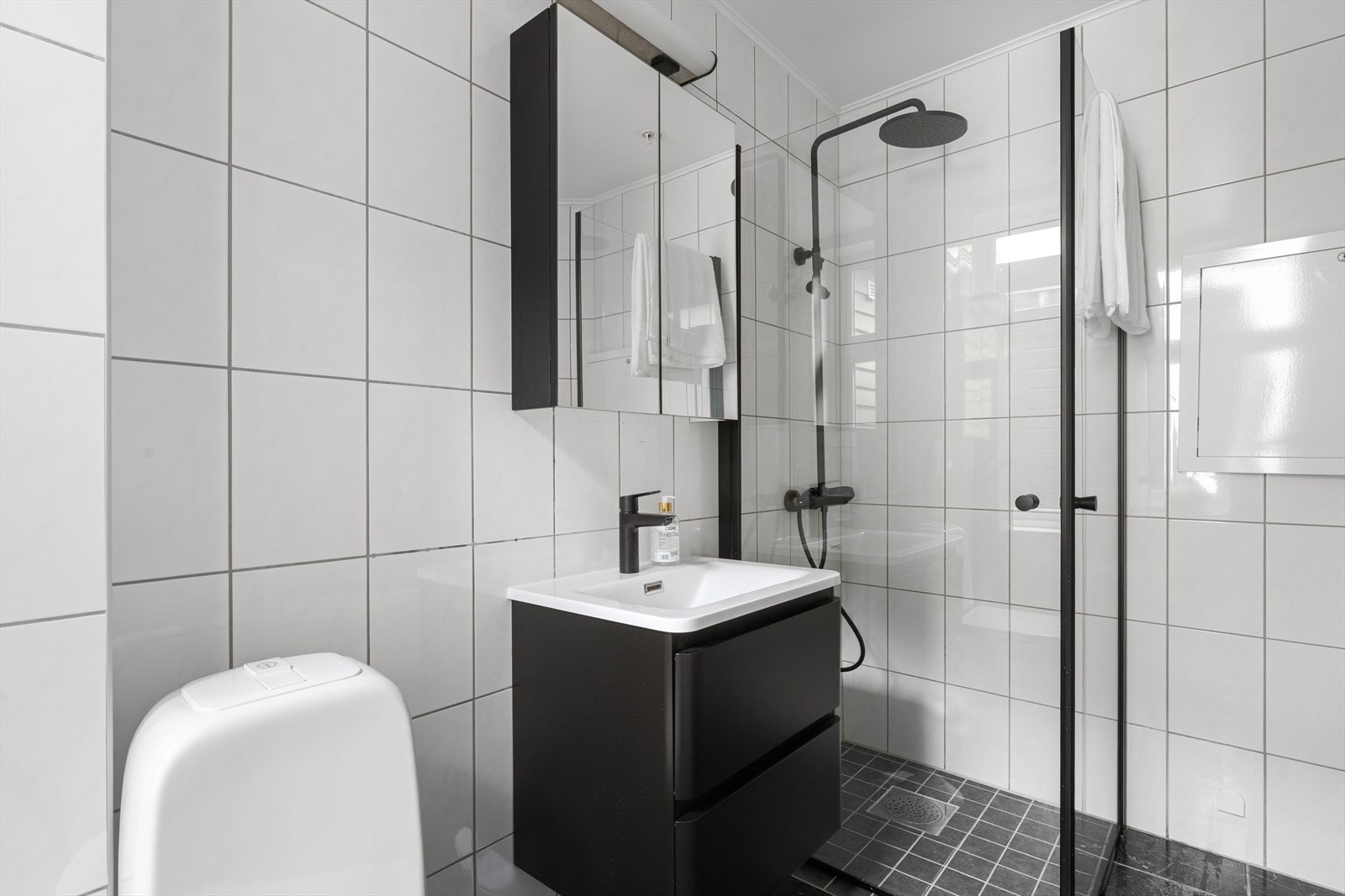 Badet har innredning med nedfelt servant, høyskap og dusjløsning fra 2026. Galleribilde