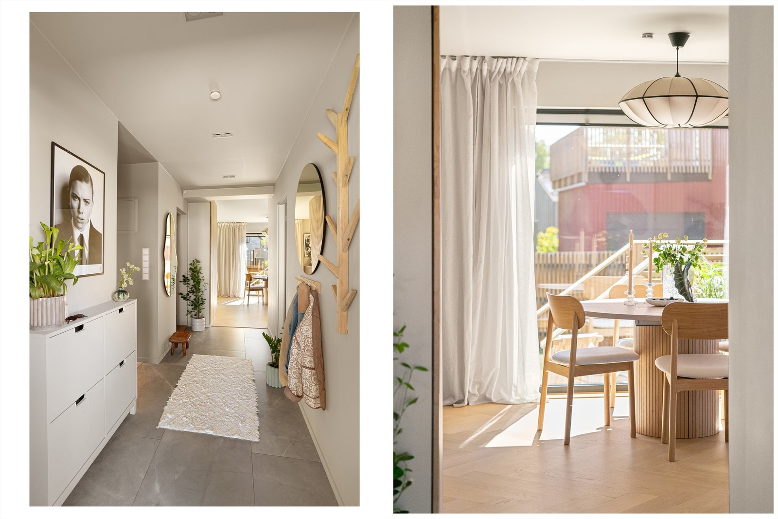 Lys og innbydende entré med italienske marmorfliser på gulv og slette malte flater i duse og delikate fargetoner på vegger og himling som går igjen i resten av boligen. Galleribilde