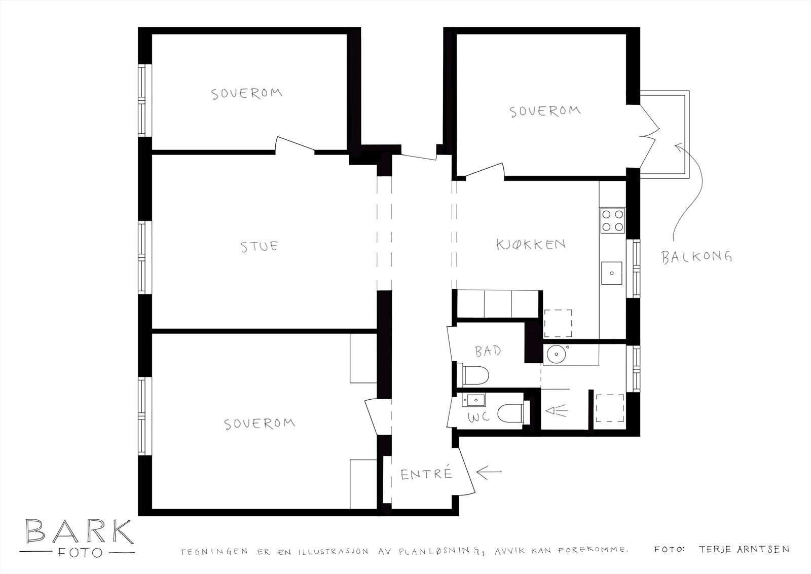 Leiligheten har en arealeffektiv planløsning på 100 m² med tre soverom, separat kjøkken og stue. Galleribilde
