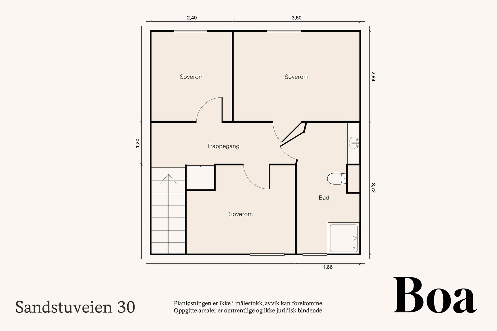 2.etasje: Trappegang, bad og 3 soverom. Lagringsloft med atkomst via nedfellbar stige. Galleribilde