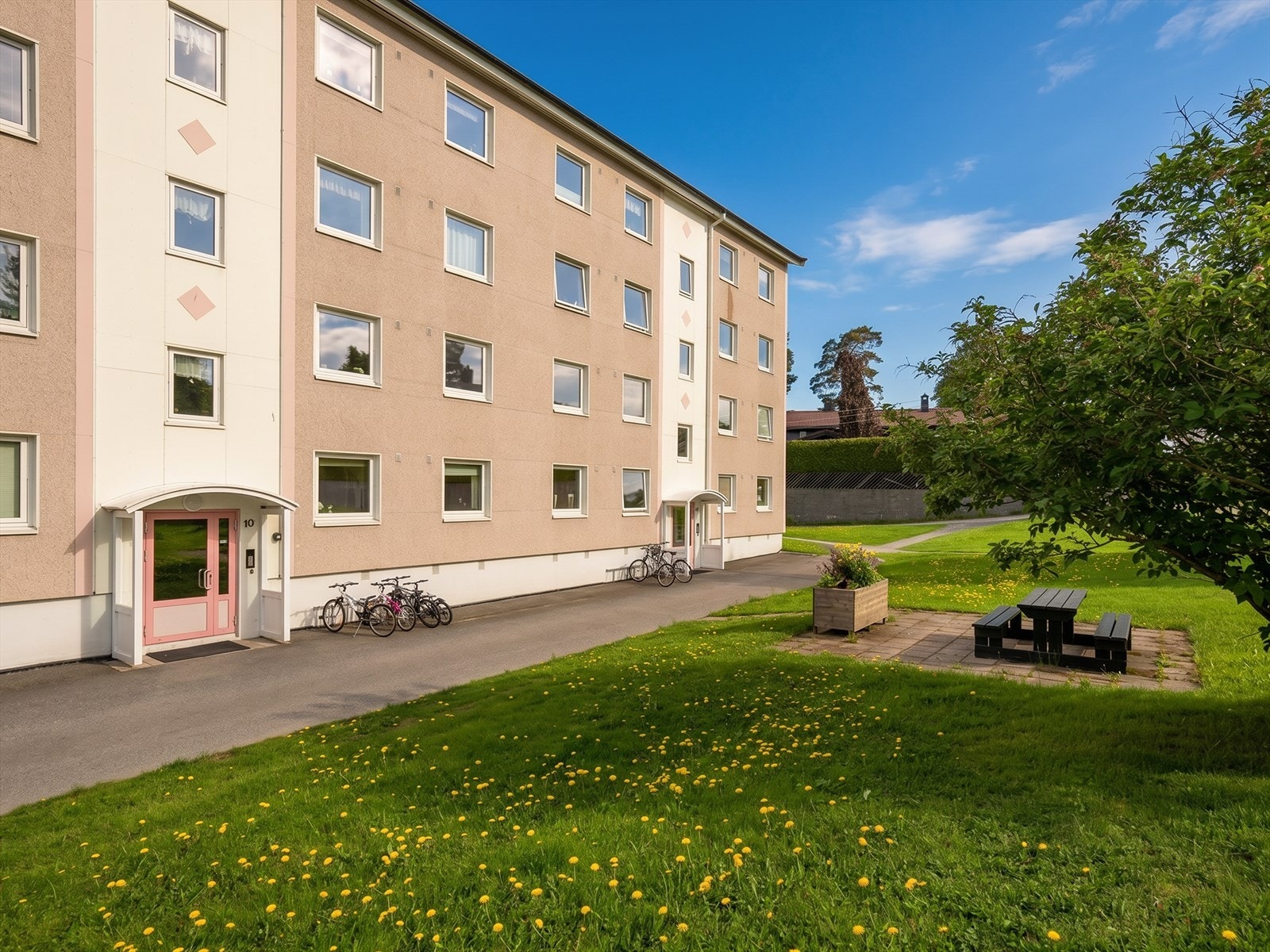Pent opparbeidede fellesarealer med grøntområder og asfalterte gangveier. Galleribilde