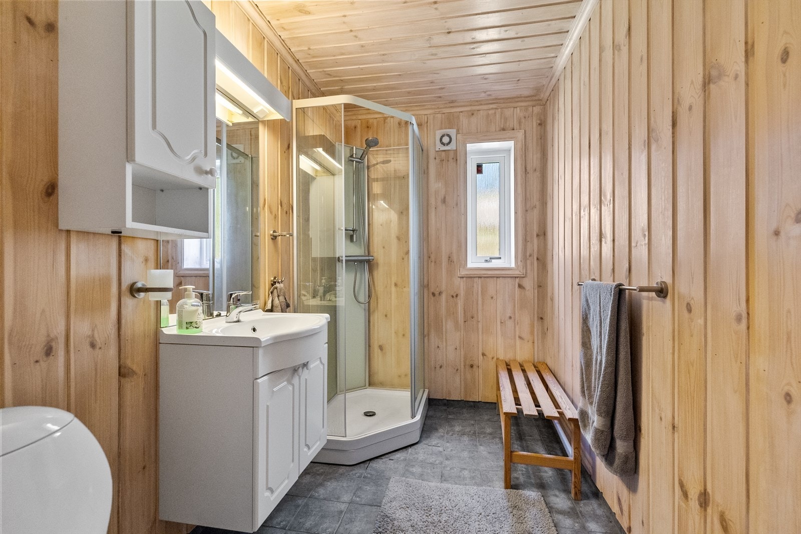 Badet i underetasjen er utstyrt med toalett, servant med underskap og et dusjkabinett. Galleribilde
