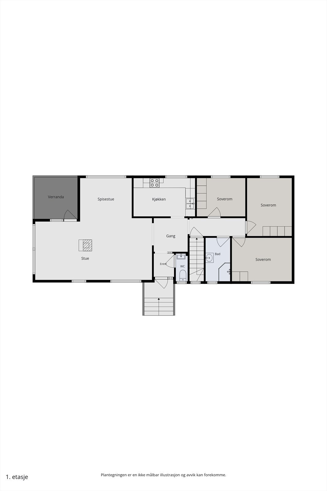 Hovedetasjen har en praktisk planløsning med tre soverom, bad, toalettrom og en romslig stue med utgang til veranda. Galleribilde